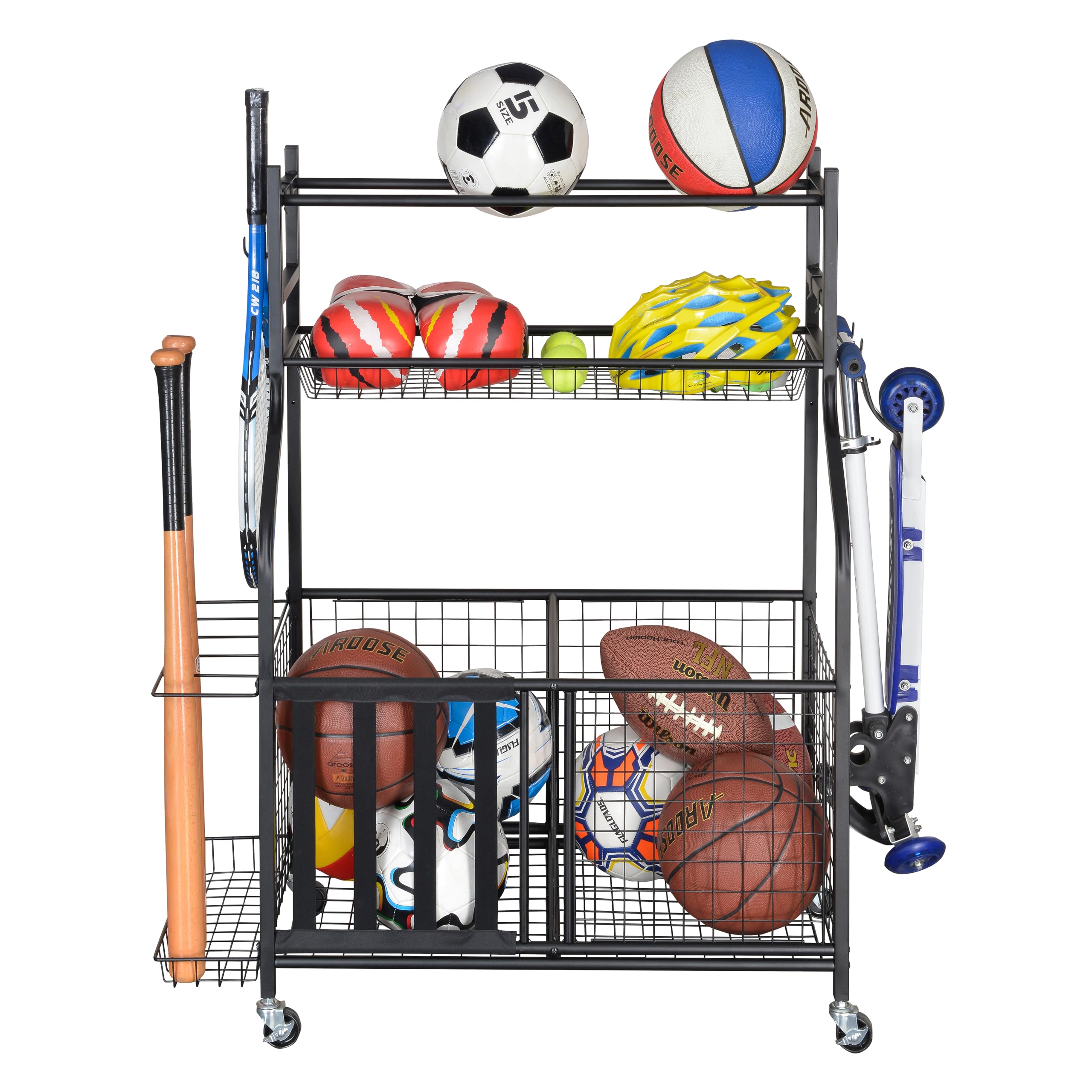 Lockable Sports Ball Storage Rack with Rolling Cart & Hooks - Organizer for Basketball, Soccer, Football Equipment - Garage, Gym, School & Playgroup Storage Solution - Perfect for Kids' Sports Gear Organization & Indoor/Outdoor Equipment Storage - Black