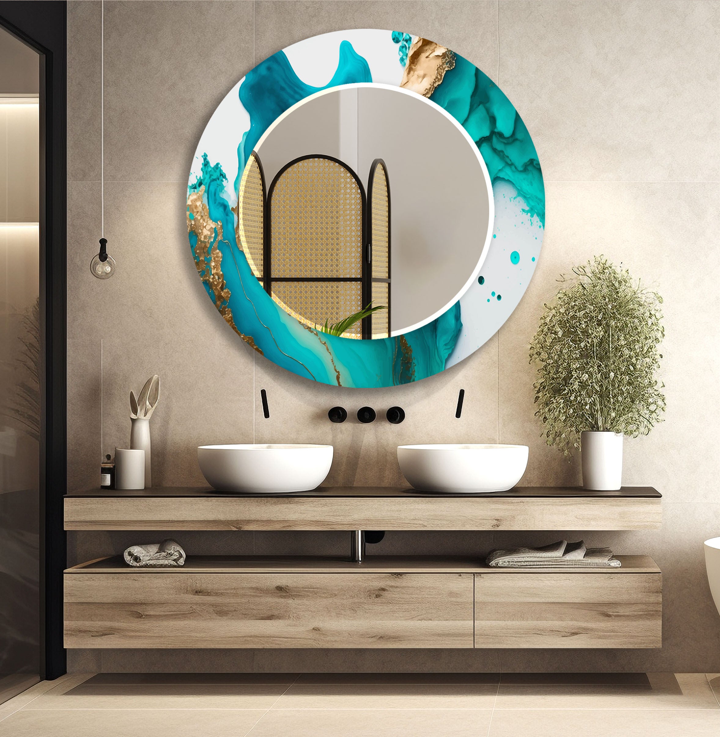Aqua Marble Glass Wall Mirror with Turquoise Abstract Frame - Elegant Bathroom & Bedroom Decor for Modern Homes