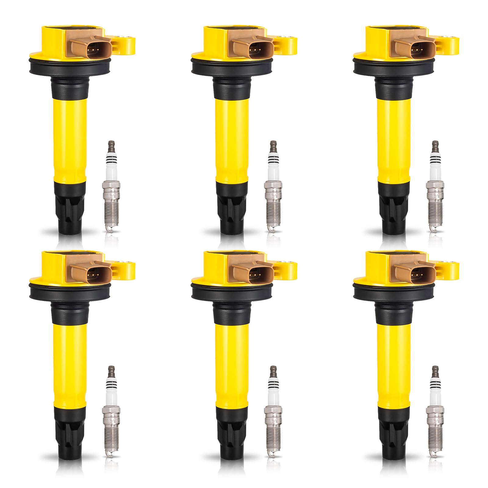 6 Pack Yellow Ignition Coil & Iridium Spark Plug Set - Compatible with Ford F150, Explorer, Expedition, Lincoln Navigator, Taurus, Transit - Replacement for UF646, SP534, DG549 - Perfect for Engine Tune-Up & Performance Enhancement