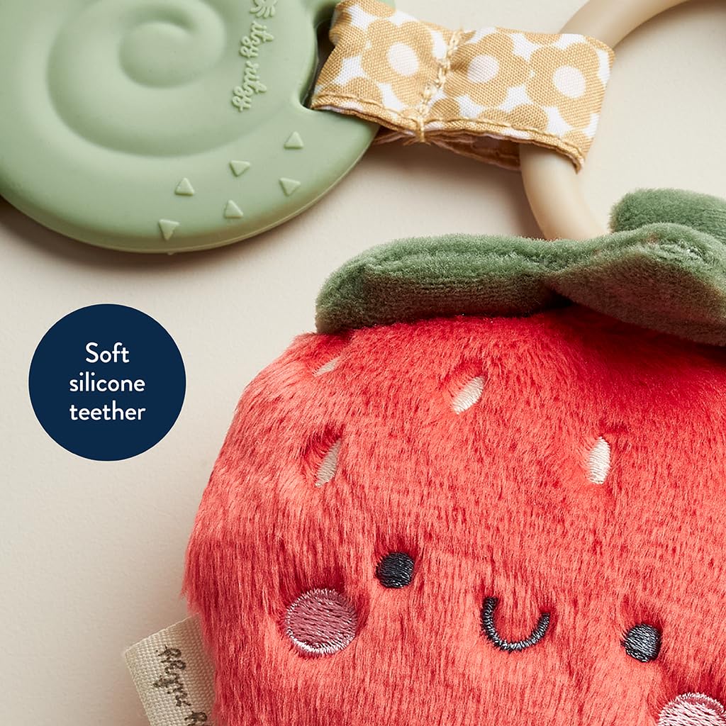 Itzy Ritzy Infant Toy & Teether - Soft Silicone Teething Toy with Lovey, Crinkle Sound & Textured Ribbons for Newborns & Babies (Strawberry) | Soothing Gum Relief & Sensory Play for Teething Infants