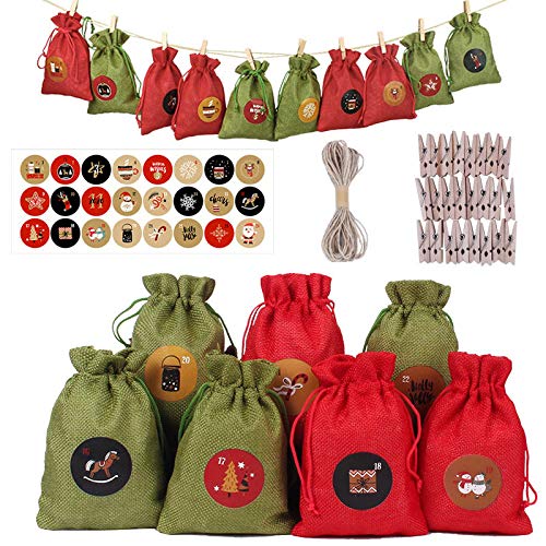24-Piece Christmas Countdown Calendar Bags with Wooden Clips - Burlap Advent Calendar Garland for Candy & Gifts - Holiday Xmas Party Decor for Home, Office, Tree & Fireplace Mantel