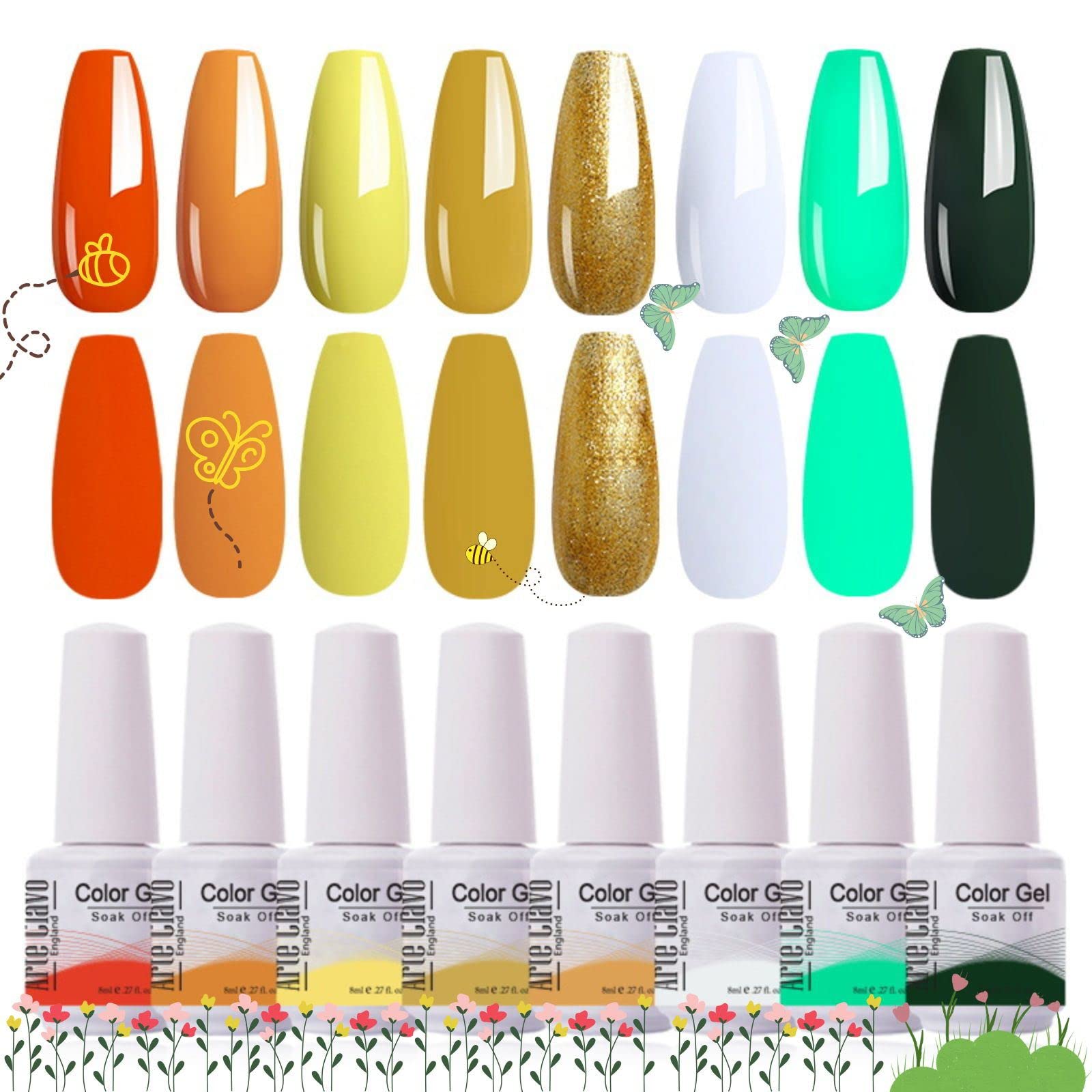 8ml Spring Yellow Green UV LED Gel Nail Polish Set - Soak Off Nail Art Kit with 8 Colors, Gift Box for Salon & Home Manicure - Perfect for Parties, Weddings & Special Occasions