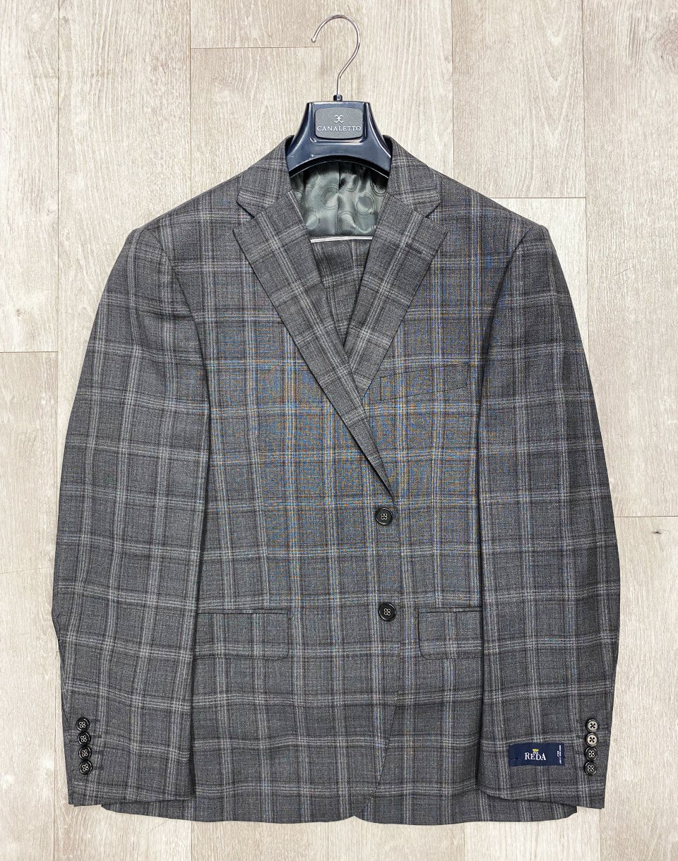 Reda Cloth CR188108/1 Men's Modern Fit Pure Wool Suit in Canaletto Grey/Plum Plaid Dolcetto - Sizes 42S, 44S, 46S (Final Sale) - Perfect for Business Meetings, Weddings & Formal Events