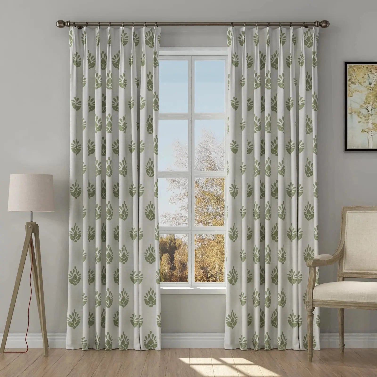 Stefana Silver Print Linen Pinch Pleat Curtains - Unlined Luxury Window Drapes for Living Room & Bedroom Decor