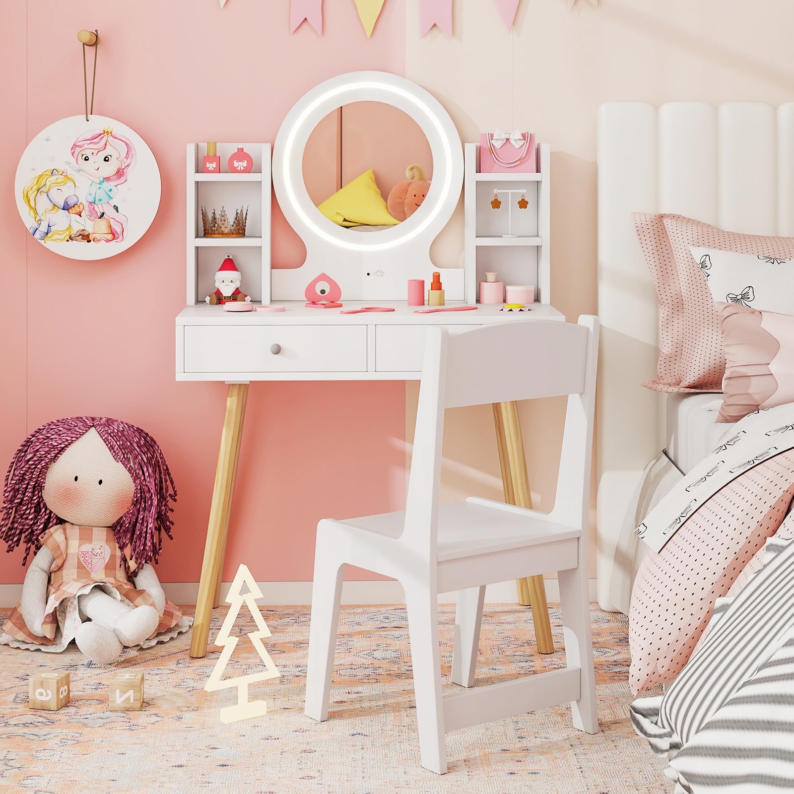 Costzon Kids Vanity Set with Mirror, Stool & LED Lights - Wooden Toddler Makeup Dressing Table with Storage Drawers & Shelves - Pretend Play Vanity Desk & Chair for Girls (White) - Perfect for Birthday Gifts, Bedroom Decor & Role Play Activities