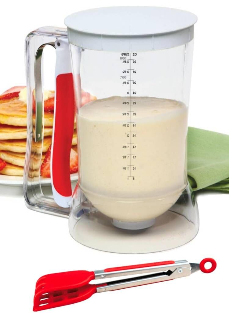 **Waffle Batter Dispenser & Waffle Tongs Set - Perfect Fluffy Waffles Every Time! Pancake, Cupcake, Muffin & Cookie Batter Measuring Tool for Quick Filling - Ideal for Breakfast, Brunch & Baking at Home**