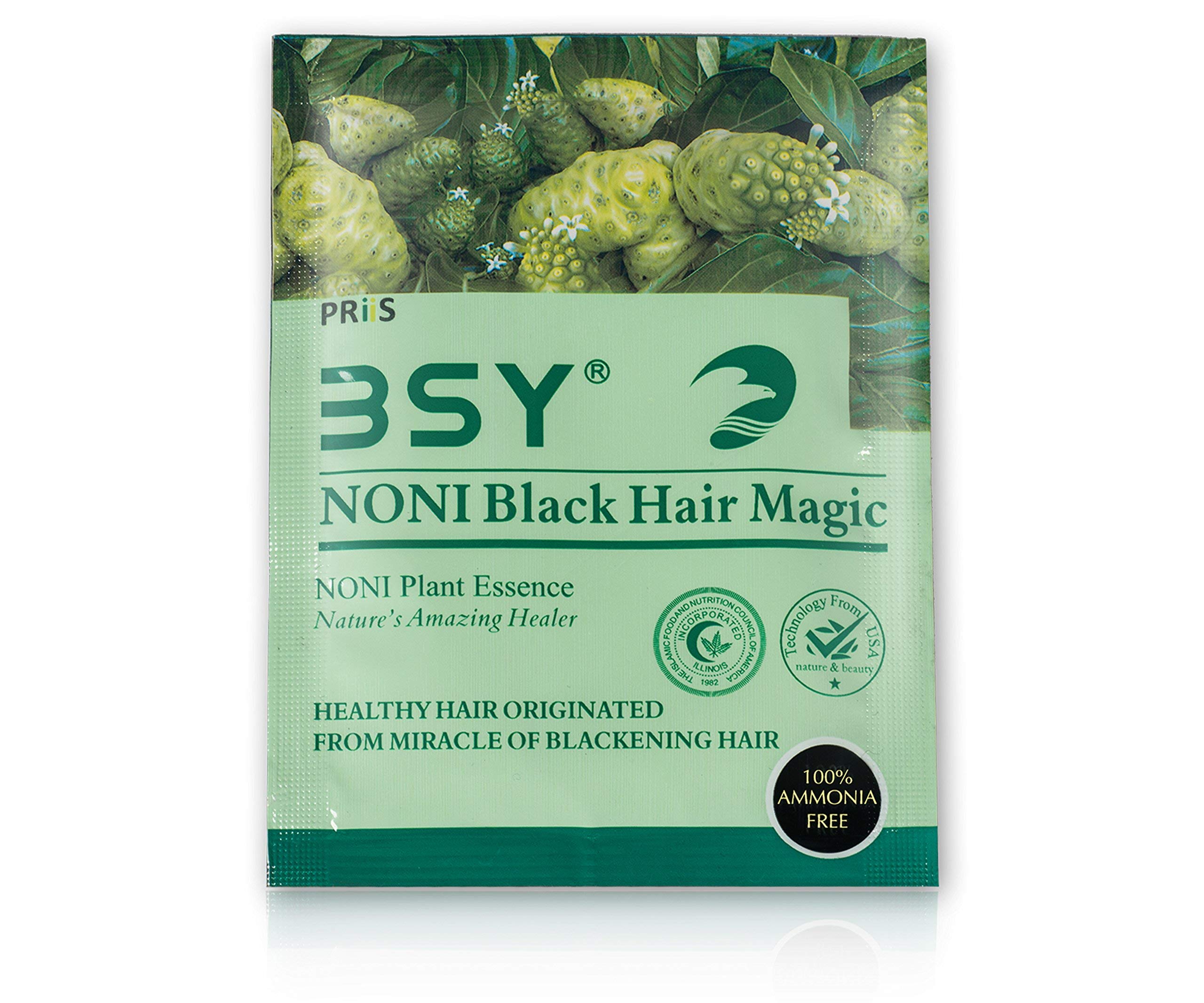 BSY Noni Black Hair Magic Shampoo - Ammonia Free Permanent Hair Dye (20ml x 6 Sachets) | Natural Black Hair Color for Men & Women | Quick 5-Minute Hair Coloring with Noni Fruit Extract | Perfect for Home Use, Travel & Touch-Ups