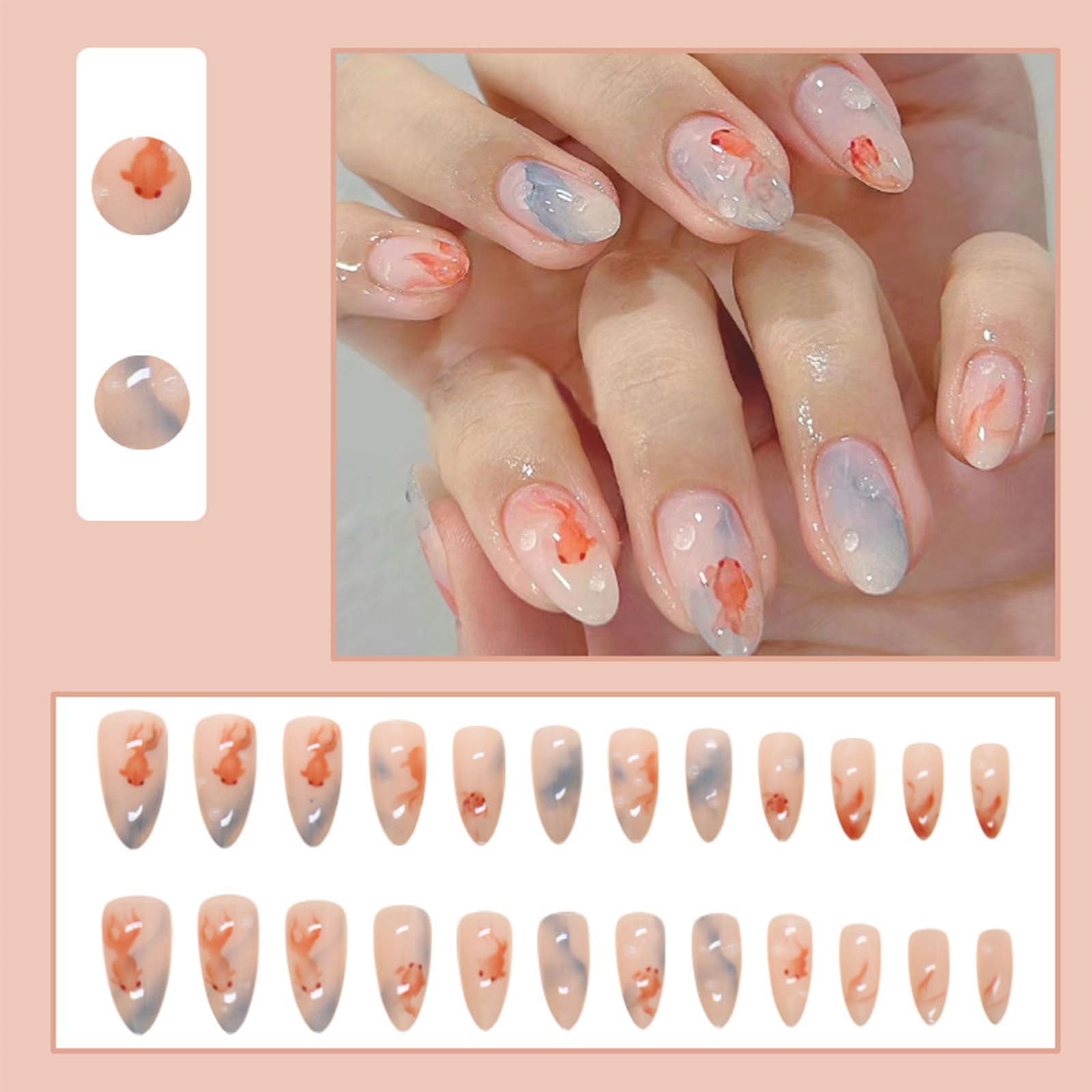 3D Water Drop Goldfish Press-On Nails - Short Almond Fake Nails with Blue Gradient Design, Glossy Full Cover Acrylic Stick On Nails for Women (24Pcs) | Perfect for Summer Manicures, Beach Vacations & Nail Art Decor