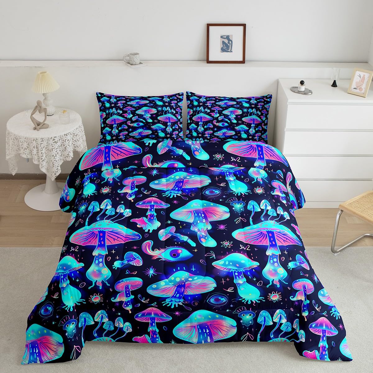 Cute Mushroom Comforter Set for Kids - Twin Size Cartoon Kawaii Bedding with Galaxy Starry Sky Design, Farmhouse Plant Quilted Duvet Cover (2-Piece Set + Pillowcase) - Blue & Purple for Girls, Boys & Teens | Perfect for Bedroom Decor, Sleepovers & Cozy Nights