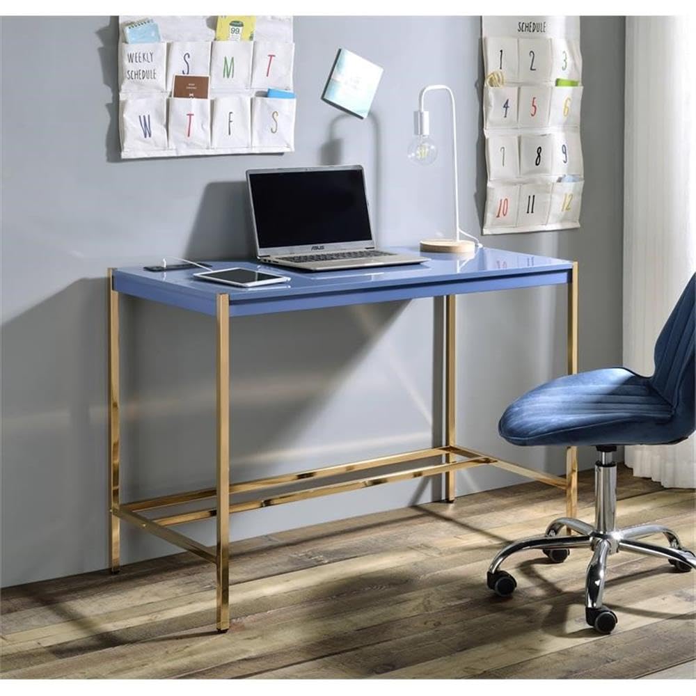Acme Midriaks Wooden Writing Desk with USB Port - Navy Blue & Gold Finish, Home Office Desk for Study, Work & Gaming - Compact & Stylish Workspace Solution