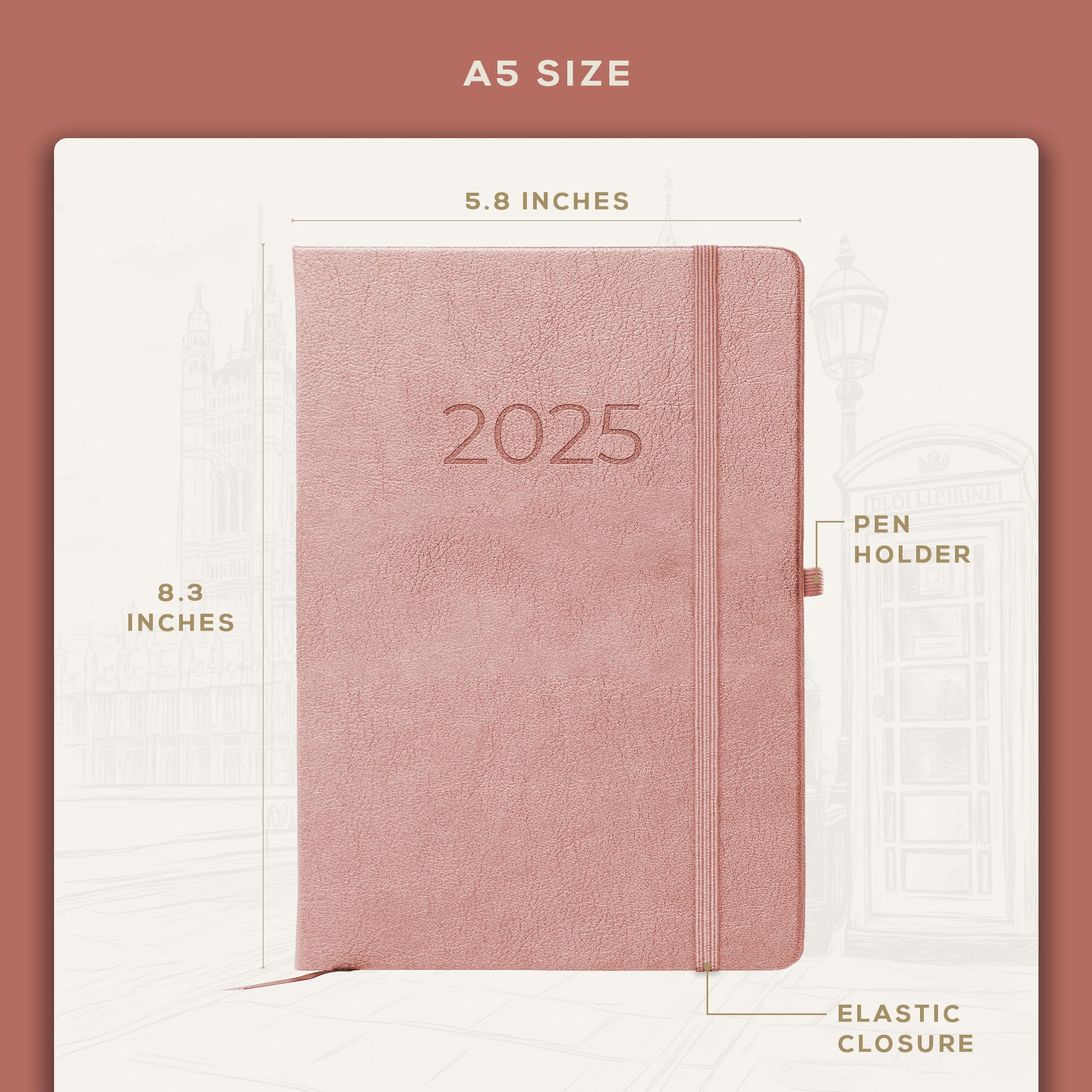 Beechmore Books 2025 Planner - A5 Size, Rose Vegan Leather Hardcover Journal | 120gsm Thick Paper, Year & Month View, Goal Setting & Appointment Sections | Perfect for Daily Planning, Work Organization & Gift Giving
