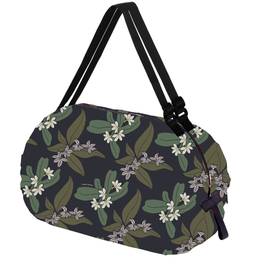 Foldable Reusable Shopping Bag - Jazmine Naupaka Grey | Compact & Eco-Friendly Grocery Tote for Shopping, Travel & Beach | Lightweight & Durable Carryall