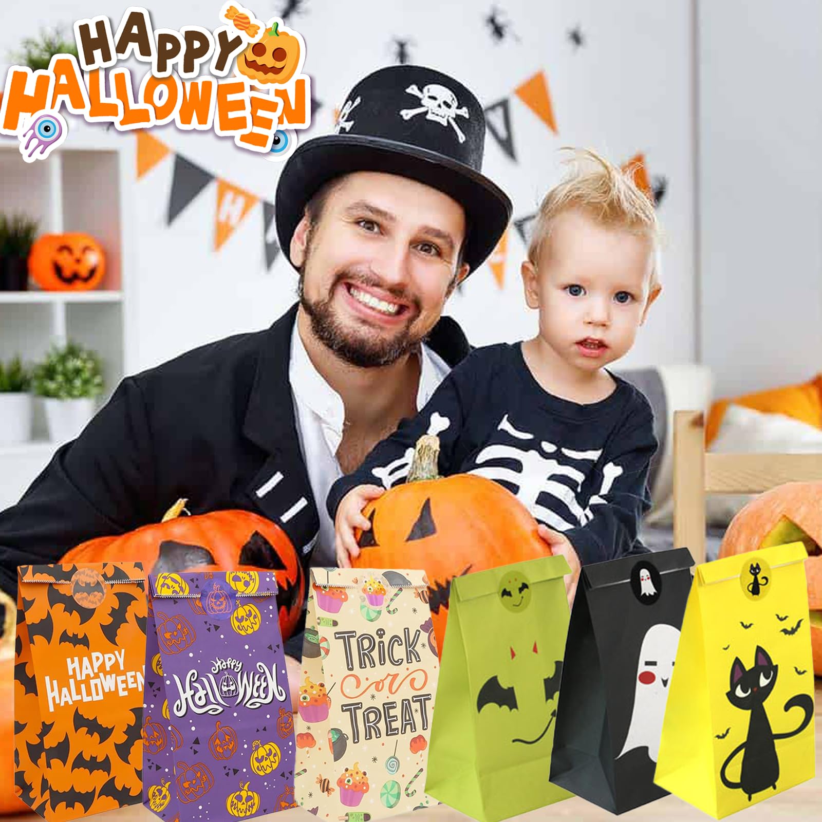 Halloween Trick or Treat Candy Bags - 24 Pack Halloween Party Favors with 24 Stickers, Small Gift Bags for Kids, Boys & Girls - Perfect for Trick or Treating, Classroom Treats & Halloween Party Supplies