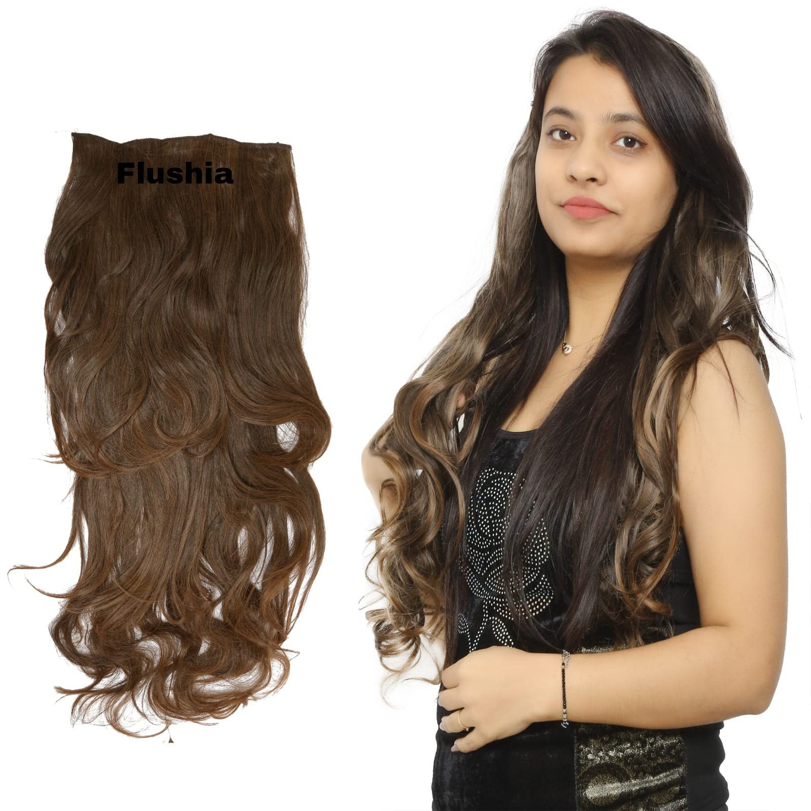 FLUSHIA 24-26 Inches Synthetic Hair Extensions & Wigs for Women - Dark Brown Straight & Curly Step Cut Clip-in Extensions with 5 Clips | Natural Looking No Shine Synthetic Hair for Daily Wear, Parties & Cosplay