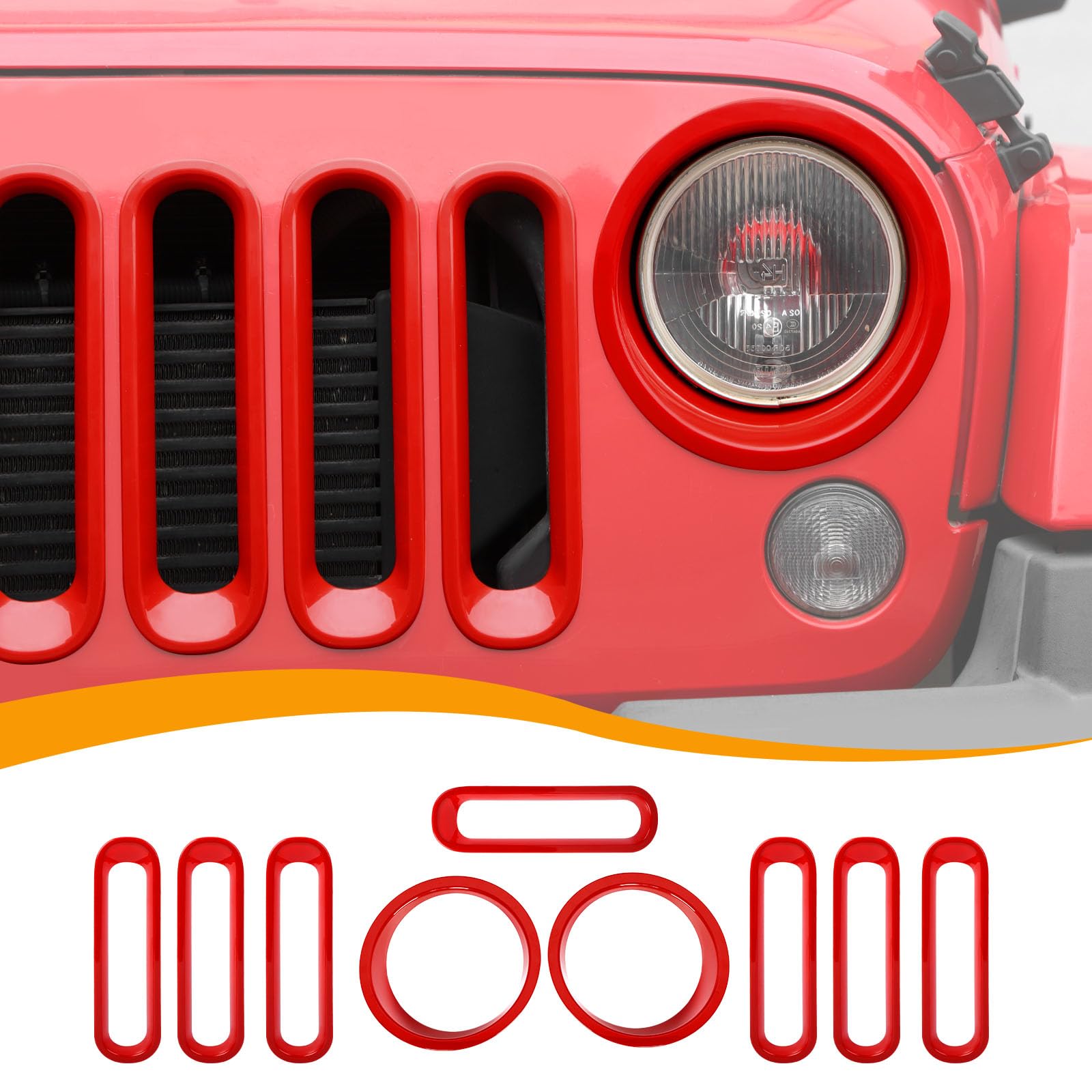 Hoolcar Front Grille Insert Cover & Headlight Bezel Cover Trim for Jeep Wrangler JK JKU 2007-2017 - Red Exterior Accessories - Upgrade Your Jeep's Style for Off-Road Adventures & Daily Driving