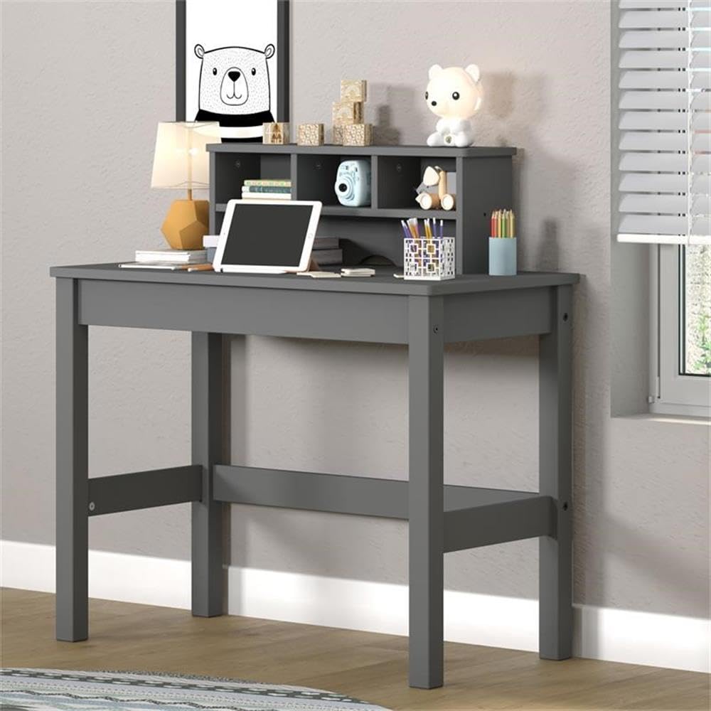 Acme Logan Gray Wooden Rectangular Writing Desk with Hutch & Cable Management Hole - Perfect for Home Office, Study & Workspace Organization