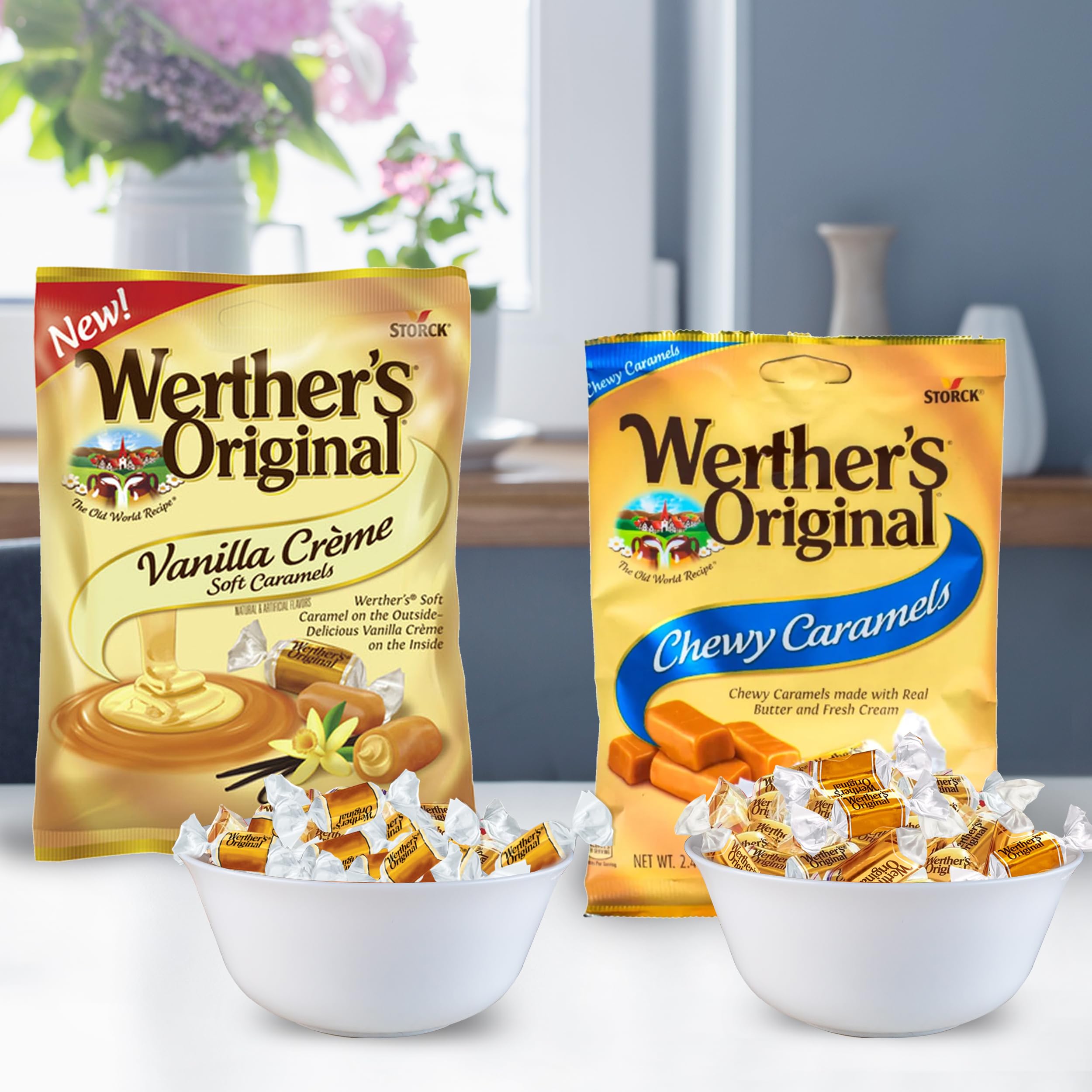 Werthers Original Vanilla Creme Soft Caramels & Chewy Caramel Candy - 4-Pack (2 of Each) - Individually Wrapped Caramel Creams, Soft Chews Candy - Perfect for Office Snacks, Party Favors & Gift Baskets