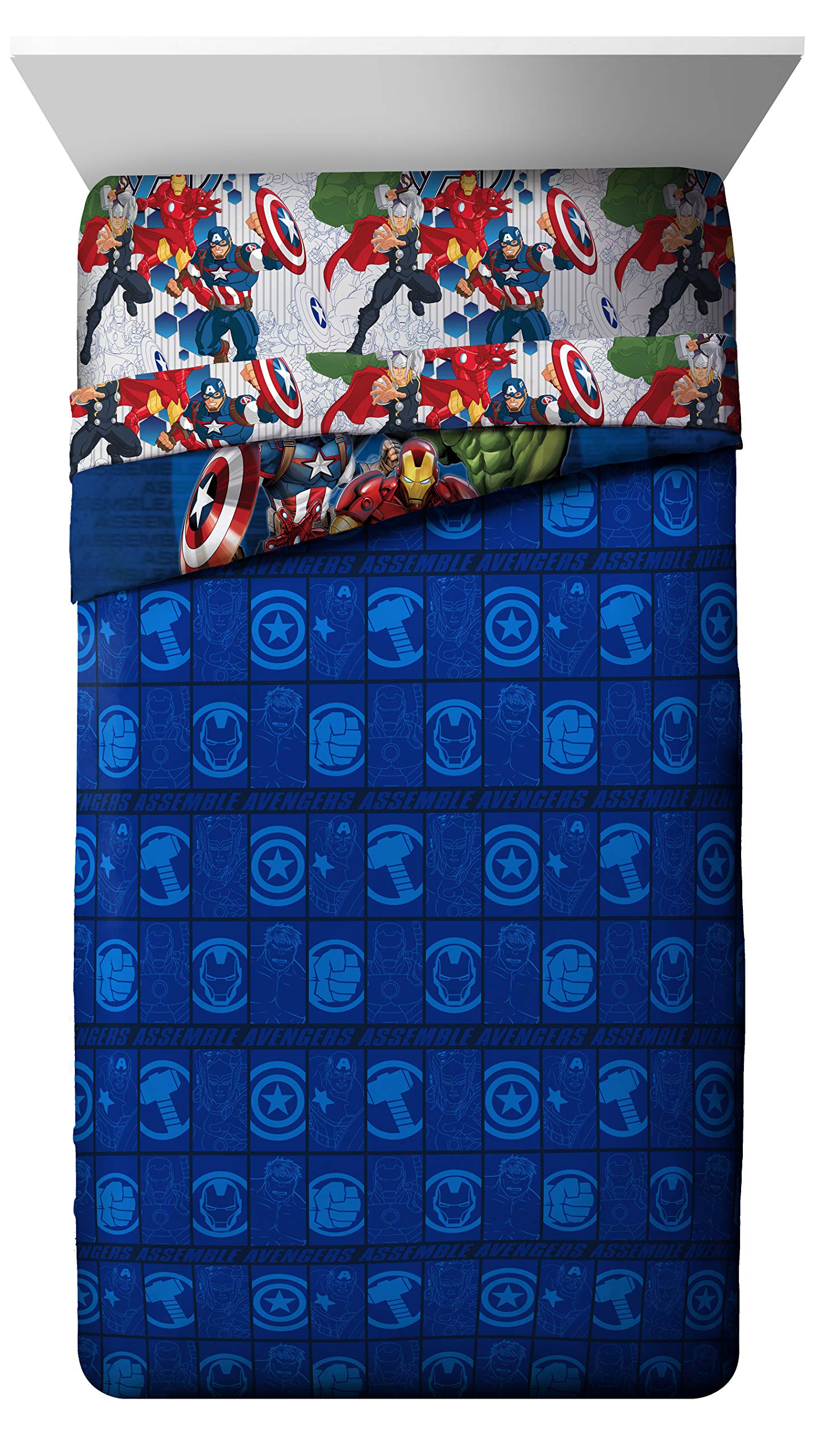 Marvel Avengers Blue Circle 5-Piece Full Bedding Set - Reversible Comforter & Sheet Set with Captain America & Iron Man - Fade Resistant Microfiber (Official) | Perfect for Kids' Rooms, Superhero Themed Bedrooms & Marvel Fans