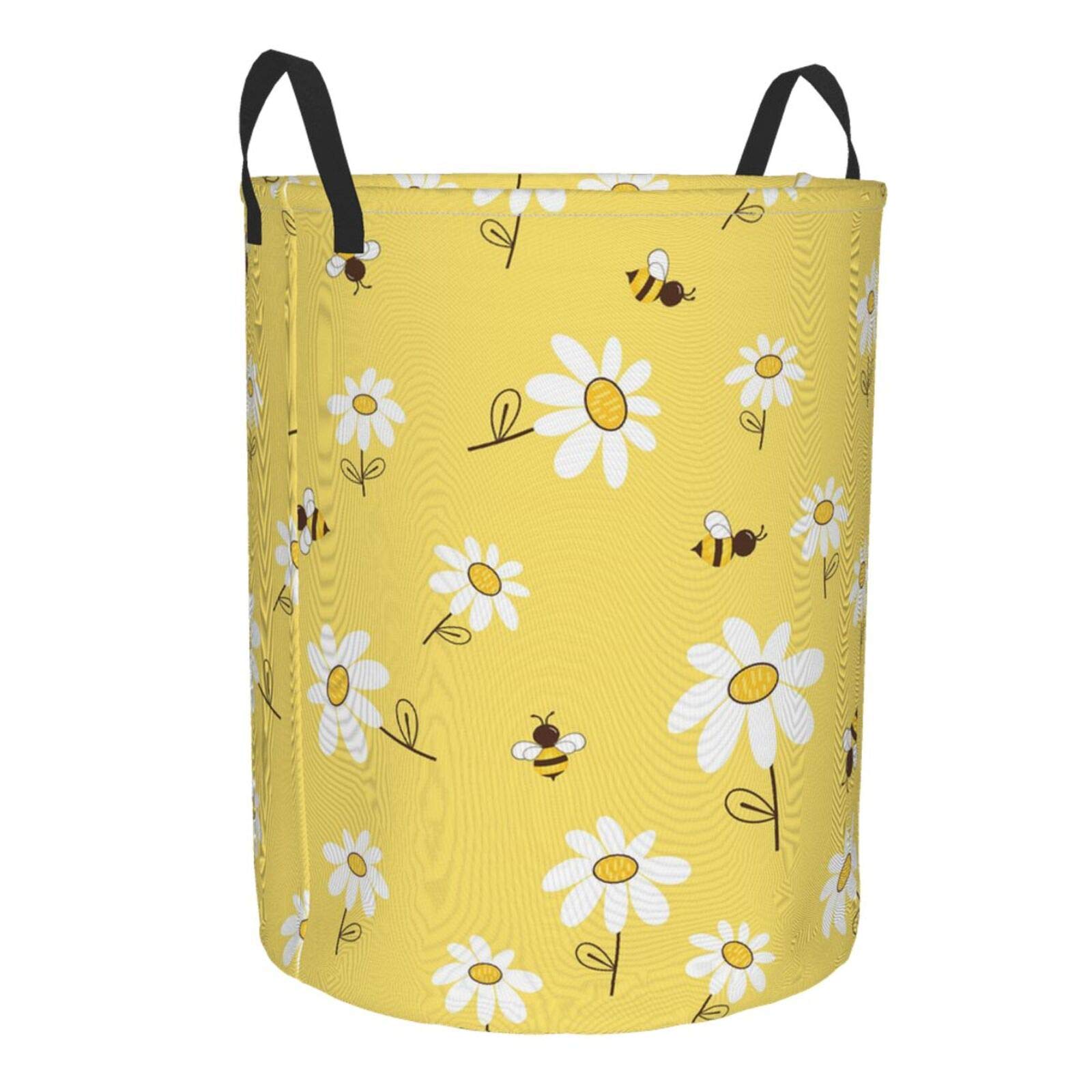 Yellow Daisy Bee Collapsible Laundry Basket with Handle - Waterproof Fabric Hamper for Clothes, Toys & Storage | Foldable Organizer Bin for Bathroom, Bedroom & Nursery | Large Capacity Dirty Clothes Hamper