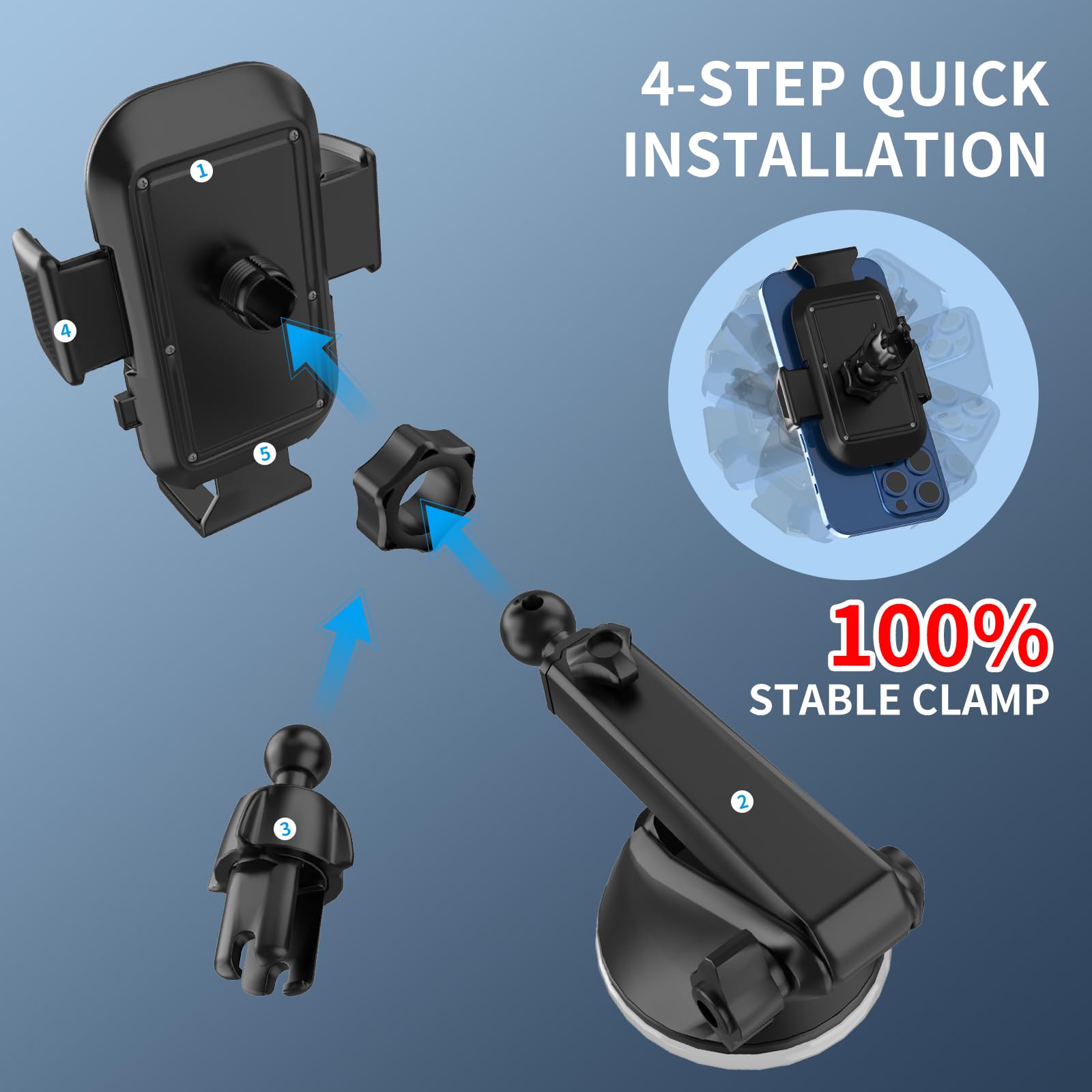3-in-1 Car Phone Mount for iPhone & Smartphones - Windshield/Dashboard/Air Vent Holder for Safe Driving