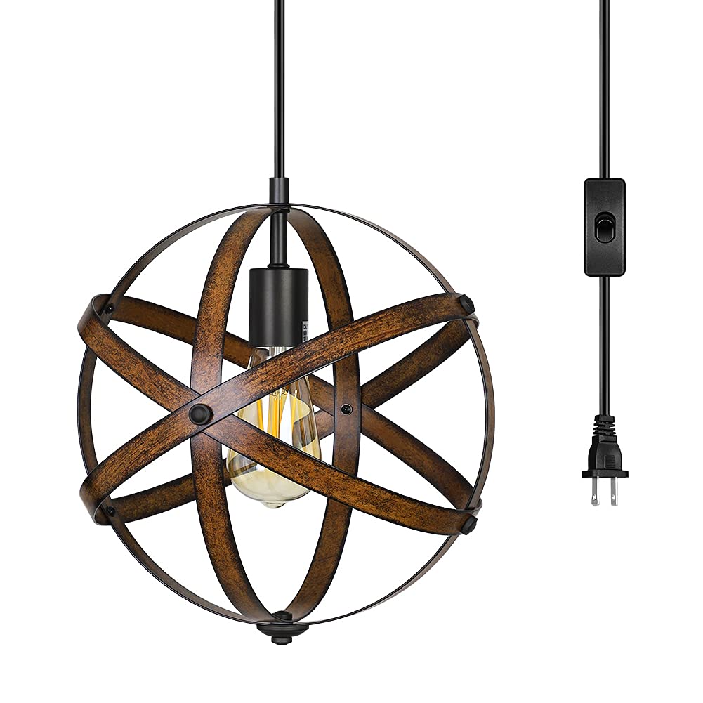 DEWENWILS Plug-in Pendant Hanging Light - Wood Grain Industrial Vintage Ceiling Fixture with 15FT Cord & ON/Off Switch - Perfect for Kitchen Island, Bedroom, Dining Room & Living Room Lighting