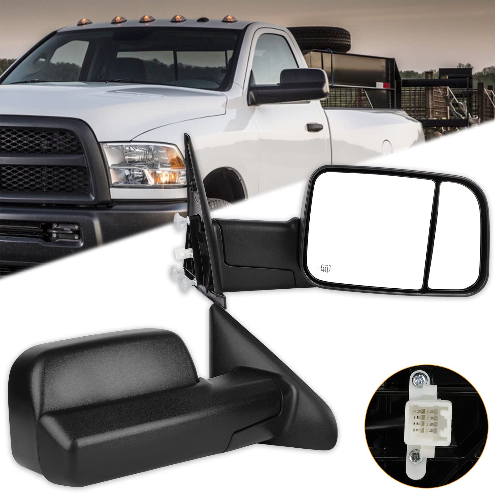 Heated Power-Adjustable Towing Mirrors for 2002-2008 Dodge Ram 1500 & 2009 Ram 2500/3500 Trucks - Black Pair (Left & Right) - Perfect for Towing Trailers, Boats & RVs with Enhanced Visibility