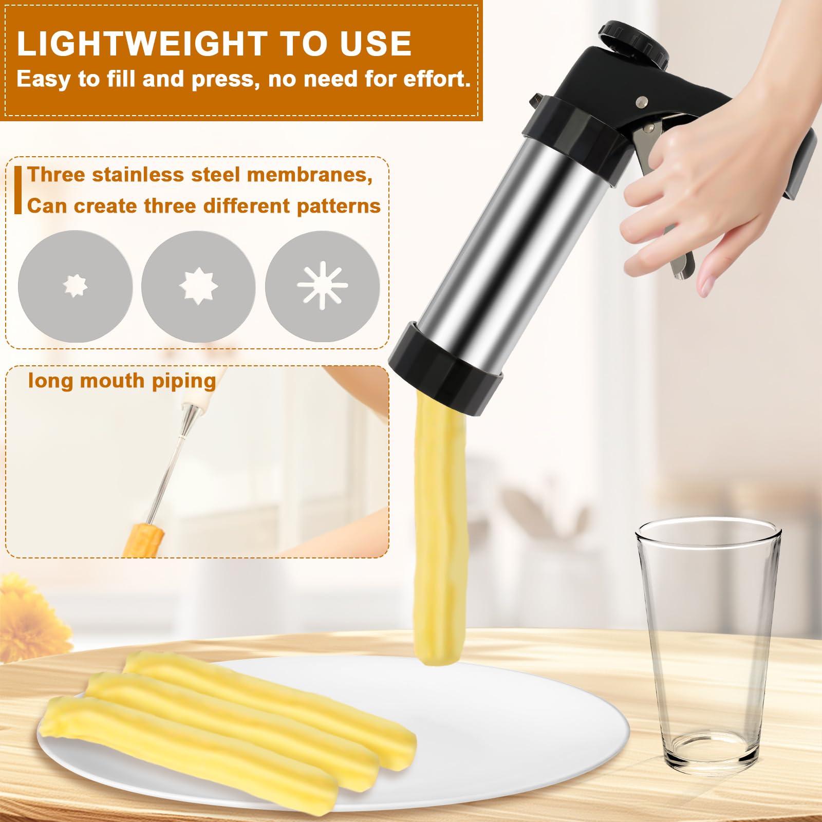 Stainless Steel Churro Maker Machine Kit with 3 Nozzle Tips & Piping Bag - Easy to Clean Hollow Churro Gun with Sponge Brush - Perfect for Home Baking, Parties, and Spanish Dessert Making