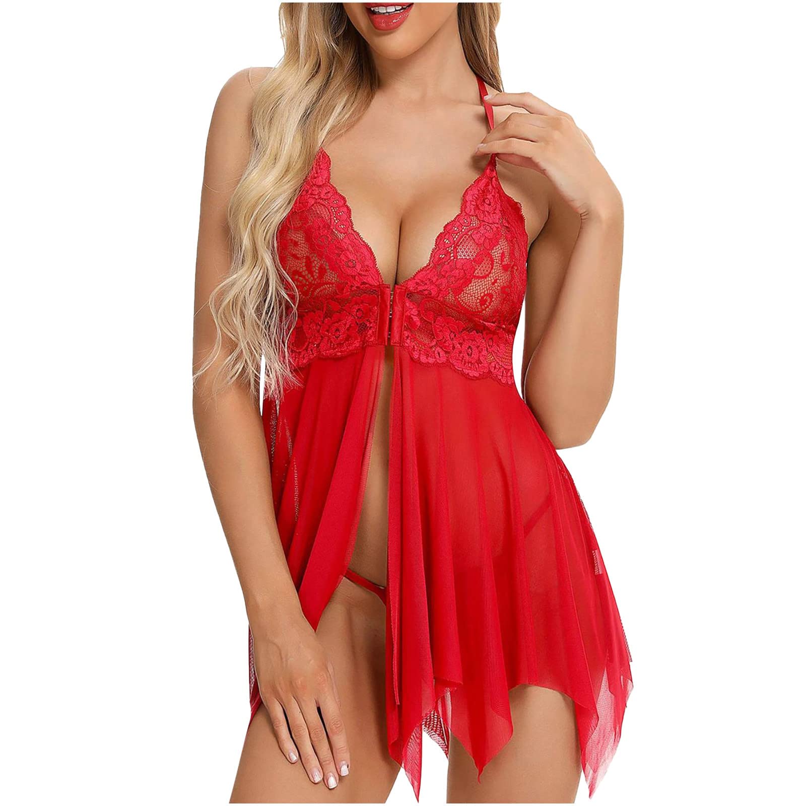 2-Piece Lace Babydoll Lingerie Set for Women - Sheer Silk Chemise with Front Closure & Matching Thong - Sexy Nightwear for Romantic Evenings, Honeymoon, Valentine's Gift or Boudoir Photography