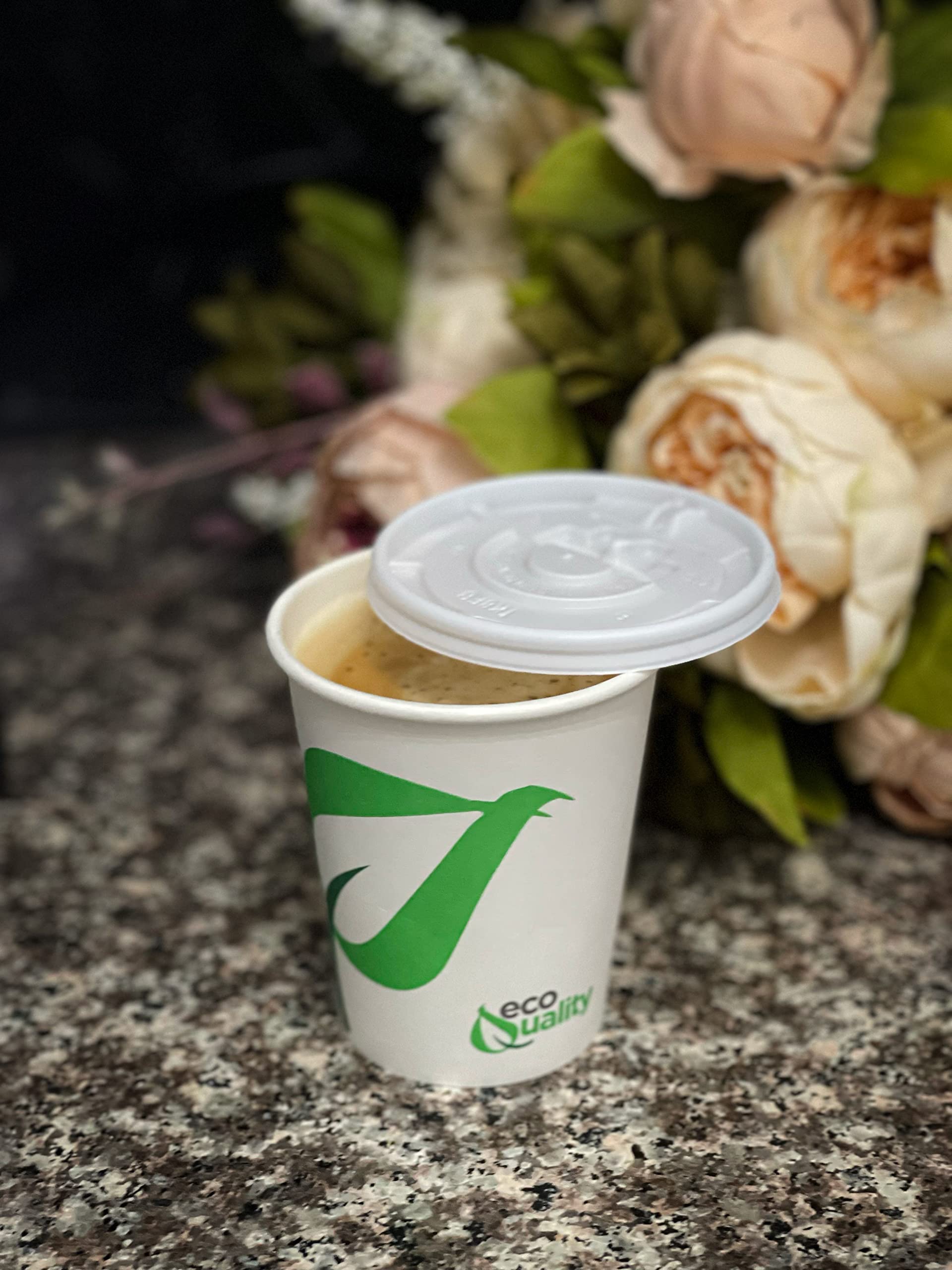 8 oz Compostable Paper Coffee Cups with White Flat Lids - Biodegradable PLA Lined Disposable Cups for Hot & Cold Drinks - Eco-Friendly Party, Office, or Cafe Use (400 Pack)