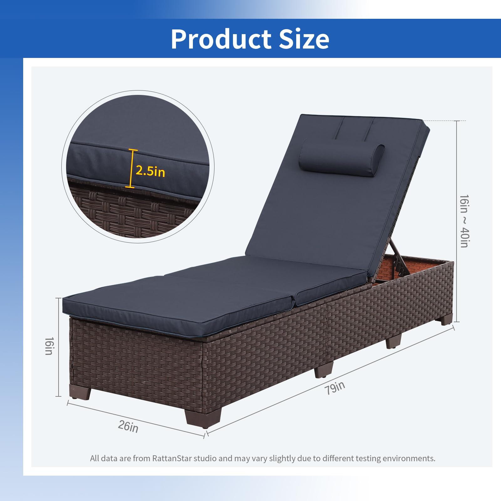 2-Piece Brown Wicker Outdoor Chaise Lounge Set - Adjustable Backrest with Blue Cushions & Headrest - Perfect for Poolside, Patio, Garden Relaxation