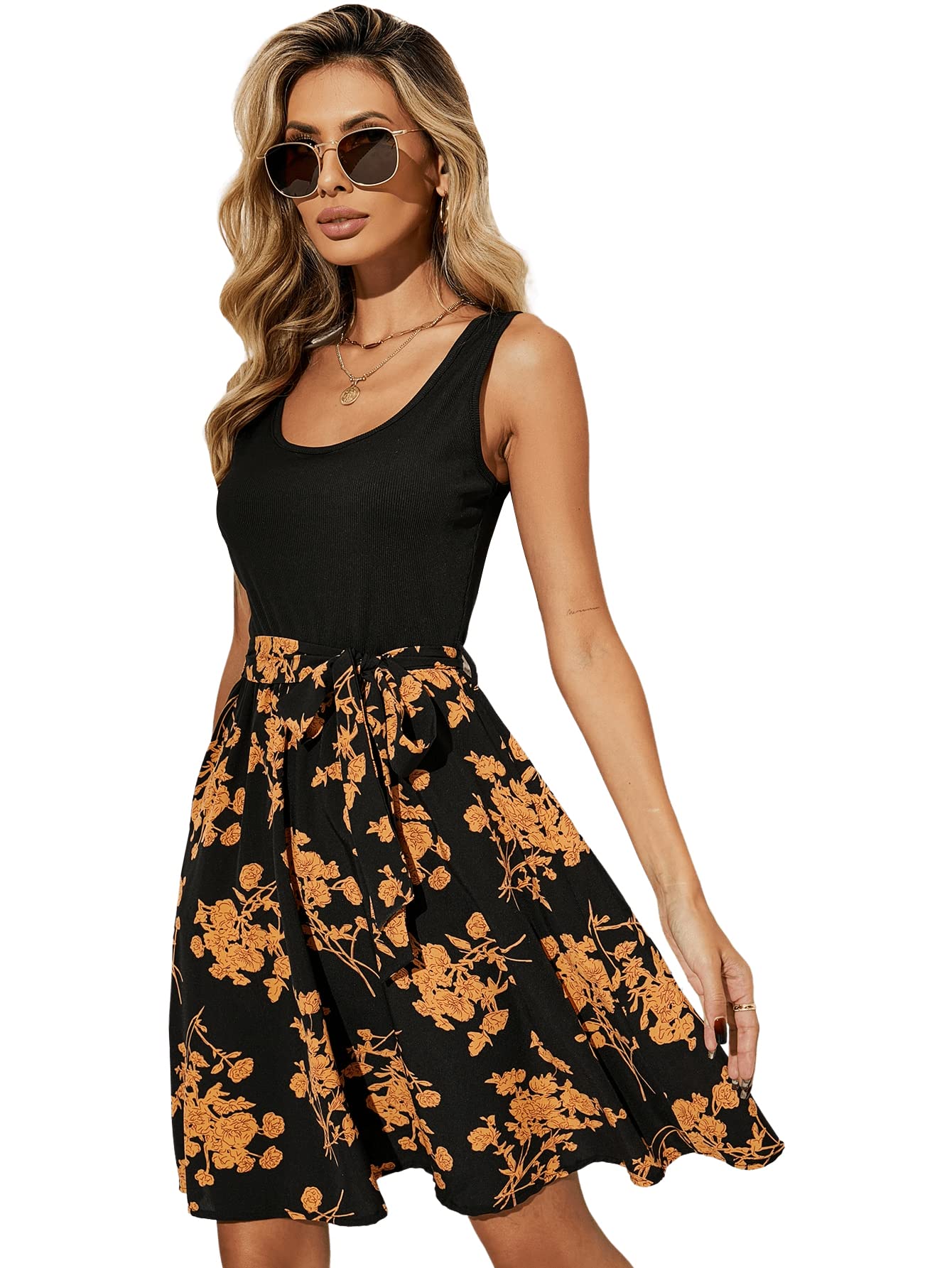 SweatyRocks Women's Floral Print A-Line Flared Mini Dress - Scoop Neck, Belted Tank Top for Summer, Casual Outfits & Beach Vacations
