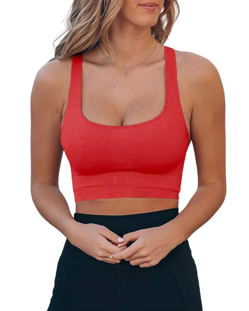 RemixTyt Women's Longline Sports Bra - Scoop Neck Workout Top for Yoga, Fitness & Running - Breathable & Supportive Crop Top (Red, Small) - Perfect for Gym, Home Workouts & Active Lifestyle