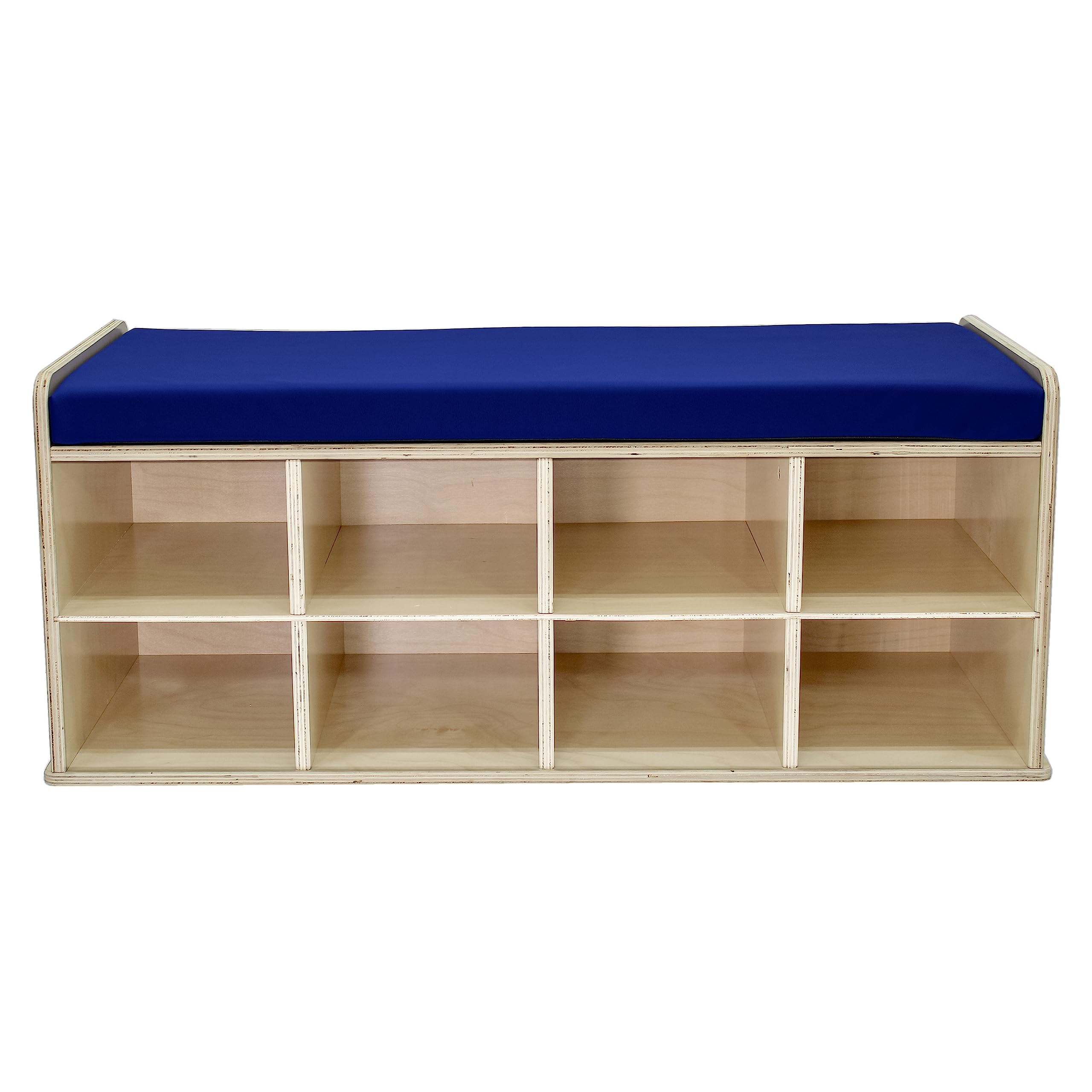 FDP Natural Birch 8-Compartment Storage Bench with Comfortable Blue Vinyl Seat (16