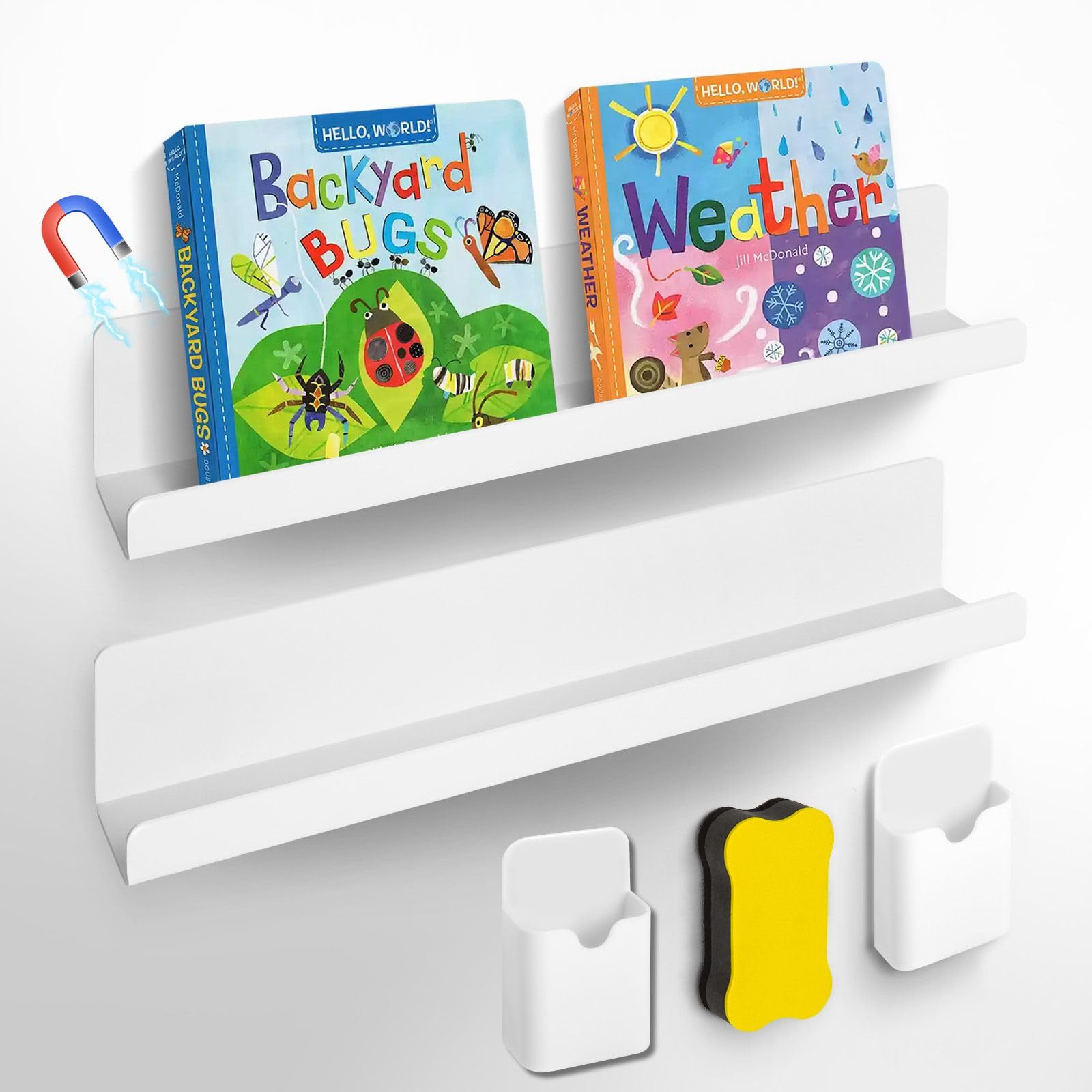 Magnetic Whiteboard Shelf - 2 Pack, Holds 13lbs, with Pencil Holder & Eraser - Perfect for Classroom, Office, Refrigerator & Home Organization - Strong Magnetic Book Display Shelf for Whiteboards & Metal Surfaces