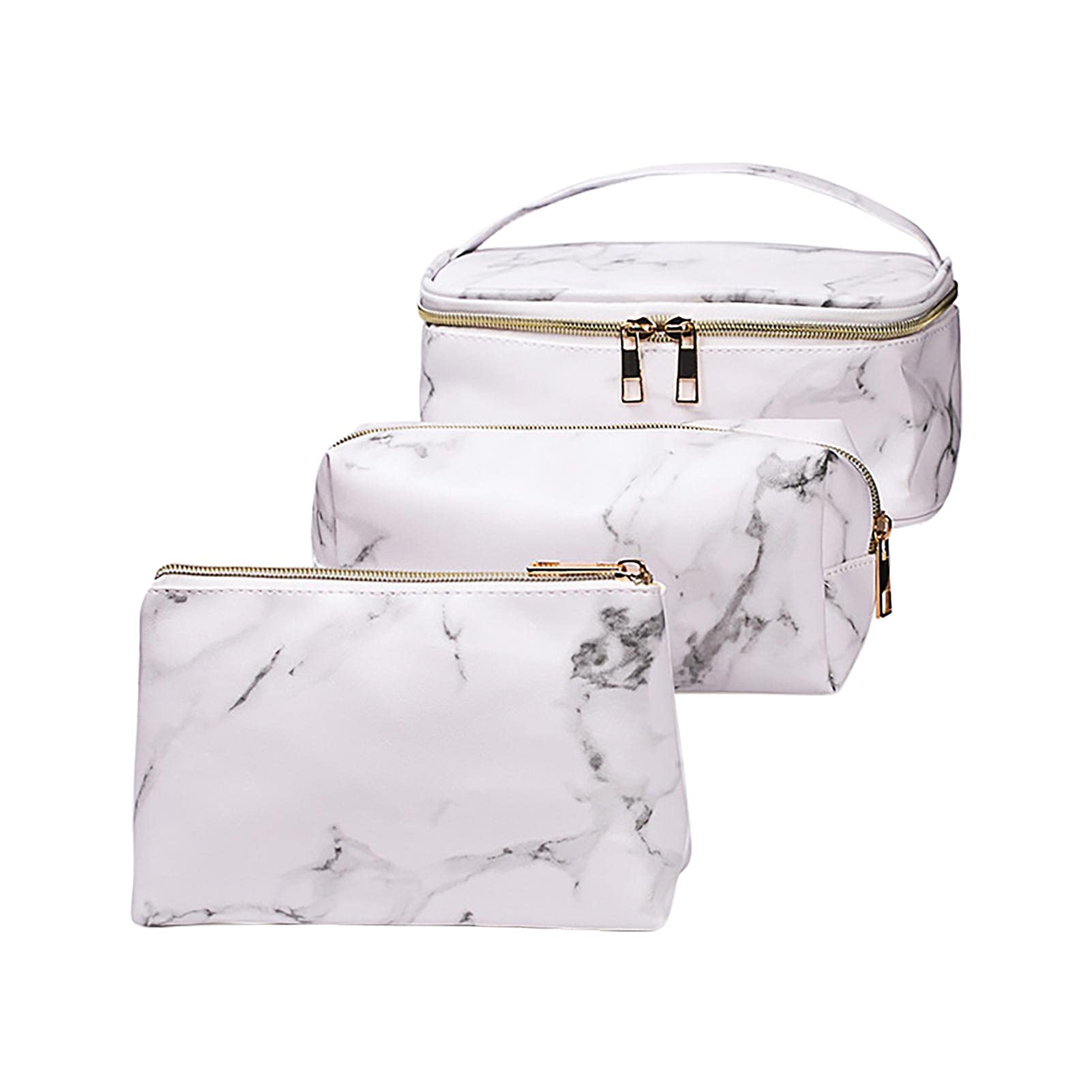 Saycker 3-Piece Waterproof Makeup Bag Set - Travel Toiletry Organizer for Women | Marble White Cosmetic Pouch for Gym & Vacation