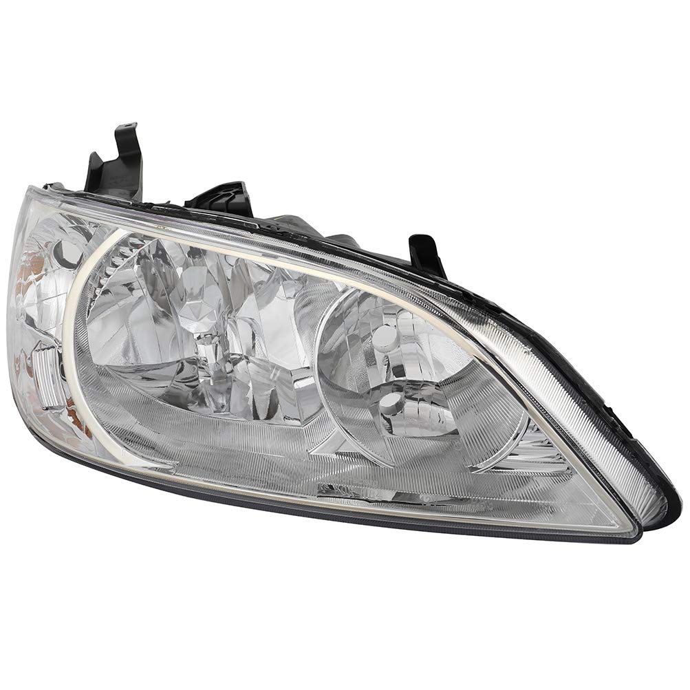 ECCPP Replacement Headlight Assembly Pair for Honda Civic 2004-2005 - Chrome Housing, Amber Reflector, Clear Lens - Driver & Passenger Side - Perfect for Night Driving & Foggy Conditions