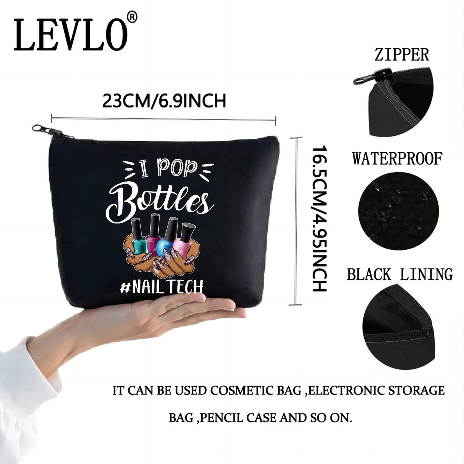 LEVLO Professional Nail Technician Cosmetic Bag - Waterproof Manicurist Makeup Pouch with Zipper, Perfect Gift for Nail Artists & Beauty Professionals (Black I Pop Bottles Design) - Ideal for Salon Storage, Travel Organizer & Cosmetics Collection