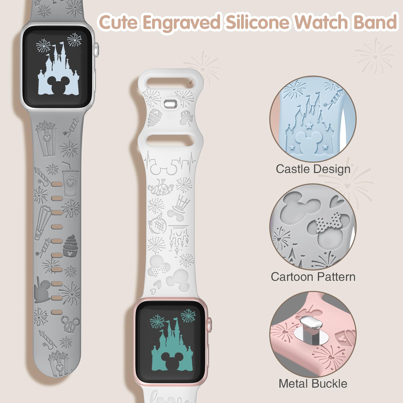 3 Pack Cute Cartoon Engraved Apple Watch Bands - Soft Silicone Strap Compatible with iWatch Series 8/7/6/SE/5/4/3/2/1/Ultra (38mm 40mm 41mm 42mm 44mm 45mm 49mm) - Fashion Wristband for Women & Girls - Perfect for Workouts, Daily Wear & Gift Giving