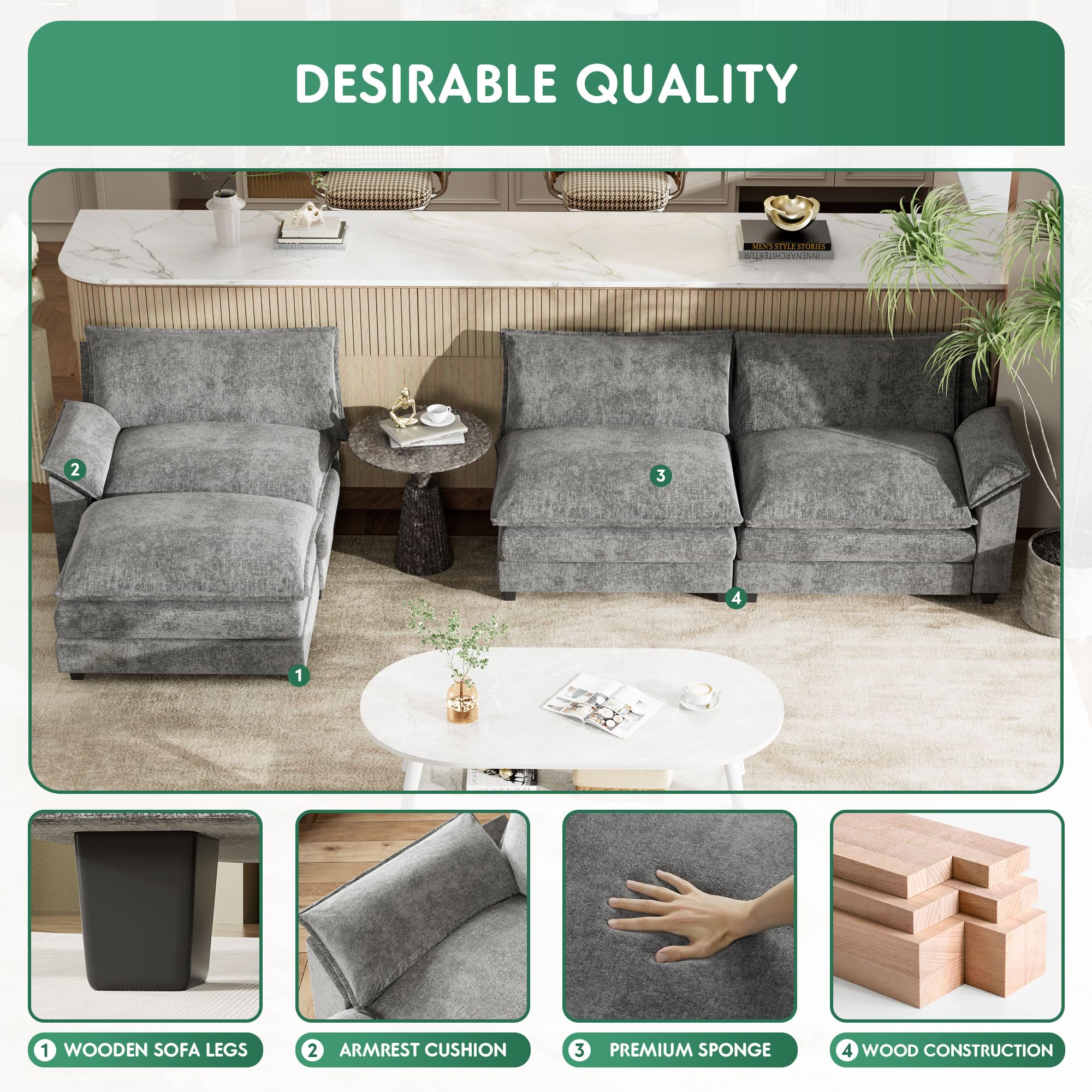 **YESHOMY Modular Sectional Sofa L-Shaped Chenille Fabric Couch with High-Support Cushions & Removable Ottoman – Comfortable Sleeper Sofa for Living Room, Apartment, or Small Space – Grey**    *(Use Case: Perfect for cozy movie nights, family gatherings, or as a stylish space-saving solution in apartments, lofts, and small living rooms.)*