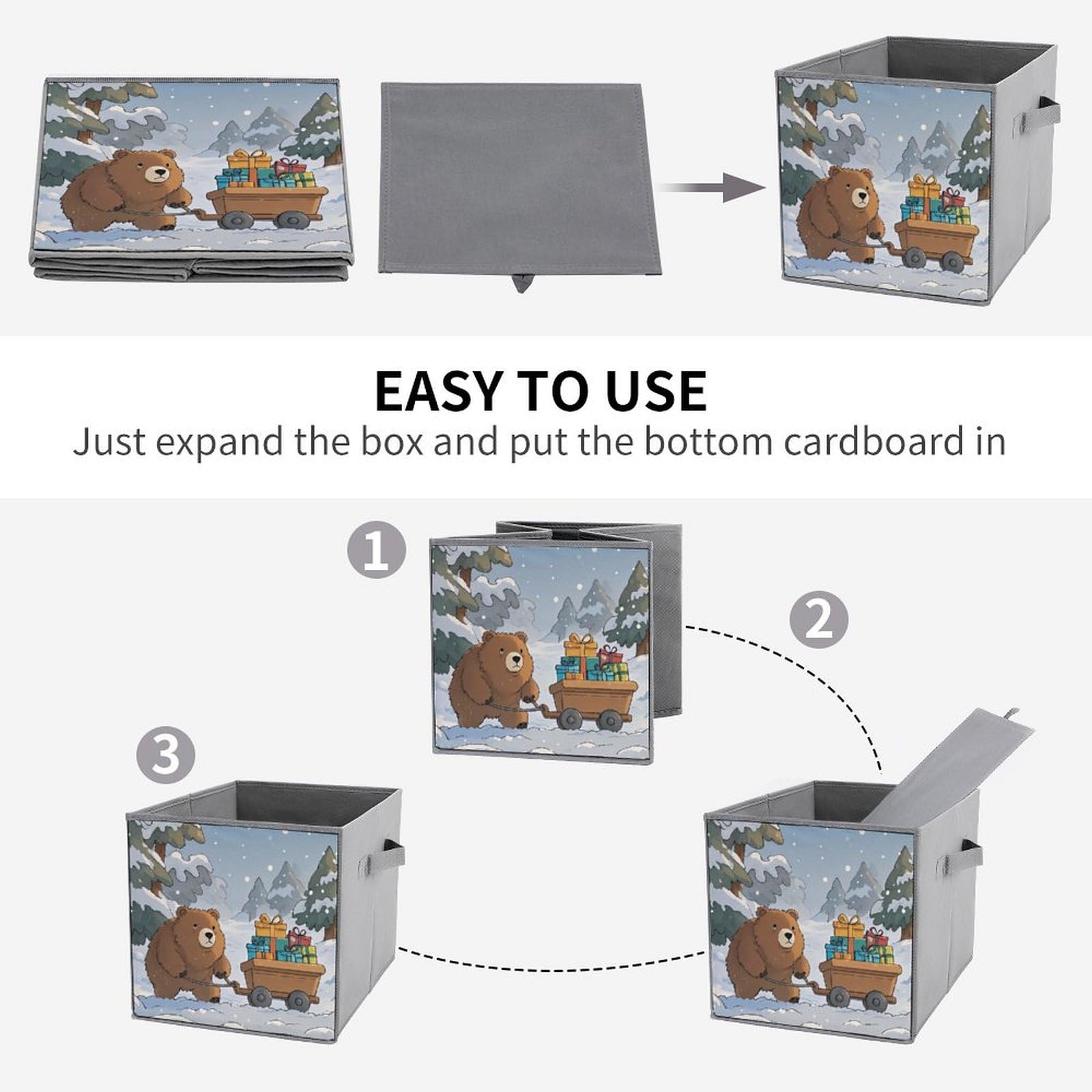 6PCS Foldable Storage Bins with Handles - Large Capacity Bear Printed Storage Boxes & Cubes for Playroom, Office, Home Organization - Perfect for Kids' Toys, Books, Clothes & Household Items Storage