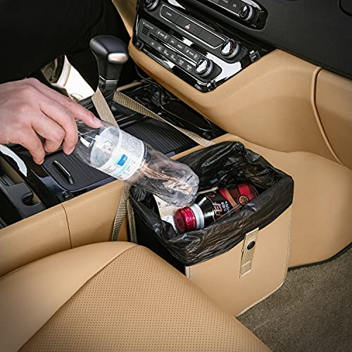 Foldable Hanging Car Trash Can - Vegan Leather & Oxford Fabric Car Organizer Bag - Medium Beige Car Garbage Bin for Sedan, SUV, Truck - Perfect for Road Trips, Commuting & Family Travel