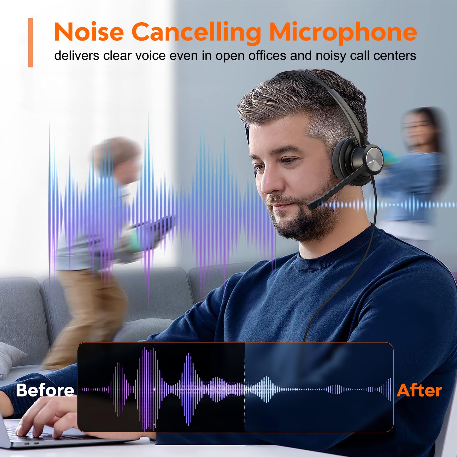 Noise Canceling Office Phone Headset with RJ9 QD Cable - Single Ear Wired Headset Compatible with HTek, Fanvil, Snom, Grandstream, Yealink T21P/T22P/T26P/T28P/T23G/T29G/T41S/T42S/T46S - Ideal for Call Centers, Remote Work & Business Communications