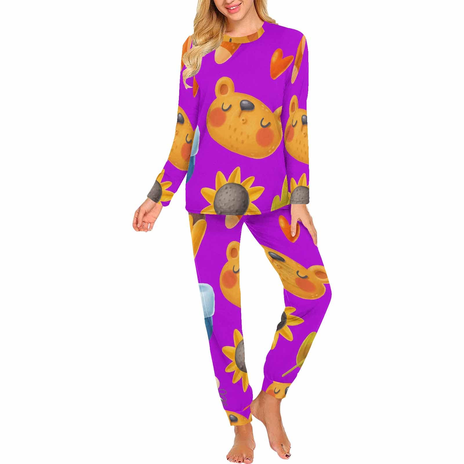 **InterestPrint Women's Sunflower Bear Pajama Set - Soft 2-Piece Sleepwear & Lounge Pajamas for Women, Perfect for Relaxing at Home or Sleepovers**