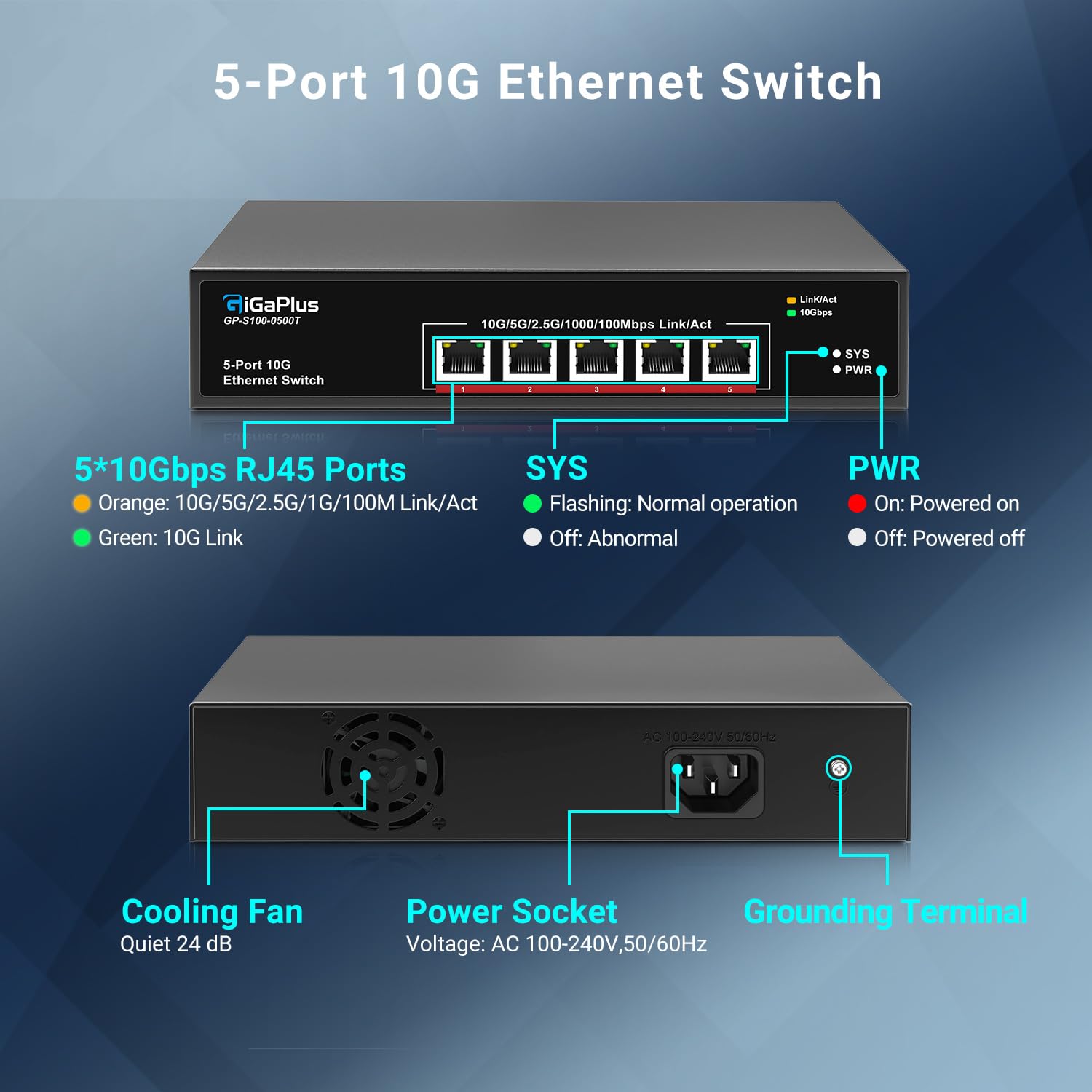 5-Port 10Gb Ethernet Unmanaged Switch - 5x10G RJ45 Ports, 100Gbps Switching Capacity - Compatible with 10G NAS, WiFi 7 Routers, 10G NIC/Adapters - Ideal for Home Office, Data Centers & High-Speed Networking (Desktop/Rack Mountable)