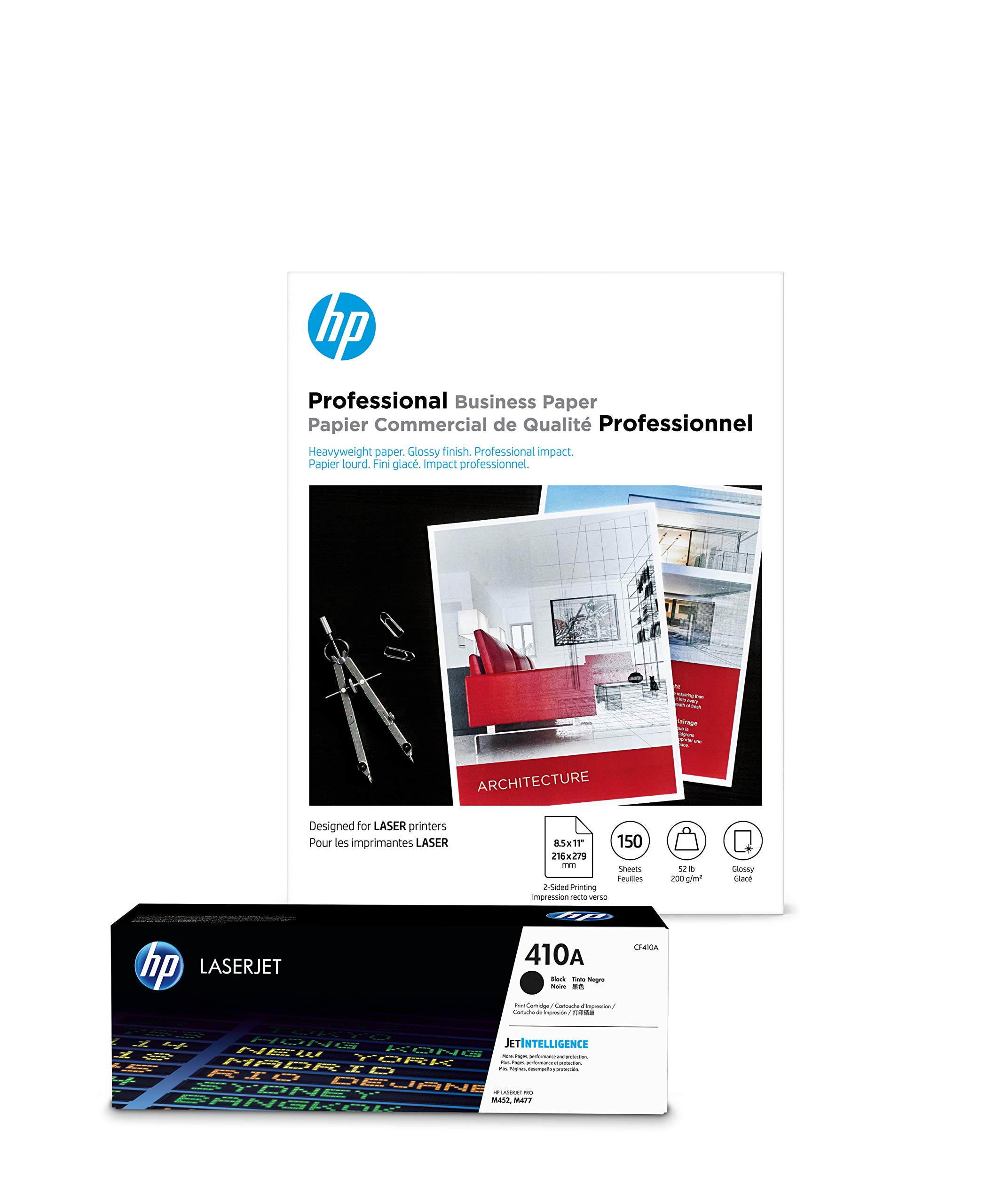 HP 410A Black Toner Cartridge & HP Professional Glossy Laser Paper 8.5 x 11 Inches - 150 Sheets Pack for Office Printing, Photo Documents, and Professional Presentations