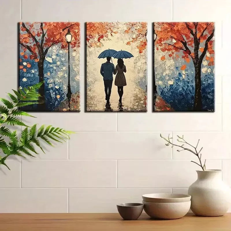 3Pcs Romantic Rainy Day Scene Wall Art Set - Modern Brown Tree Canvas Framed 50x70cm - High Quality Print 100% Australian Made - Ready to Hang - Perfect for Living Room, Bedroom & Office Decor
