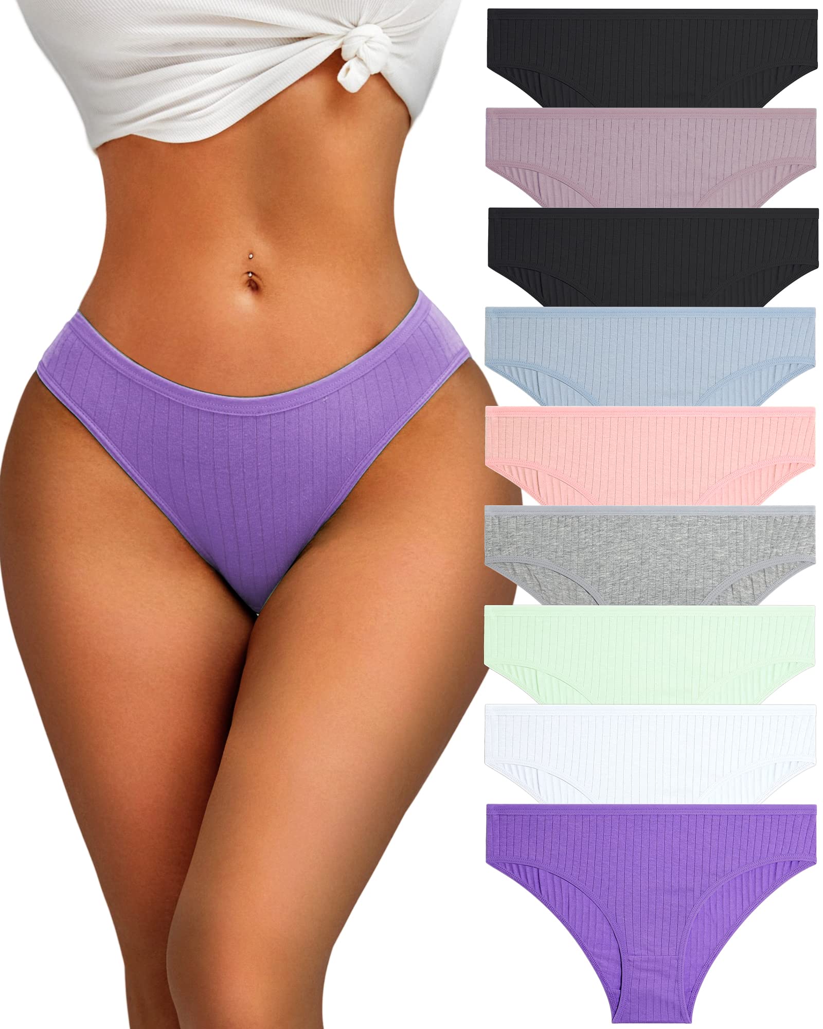 FINETOO 9 Pack Women's Cotton Underwear - Sexy Low Rise Ribbed Hipster Panties, Breathable Soft Bikini Briefs, Cheeky Underwear for Women Sizes S-XXXL | Perfect for Everyday Wear, Lounge & Sleep