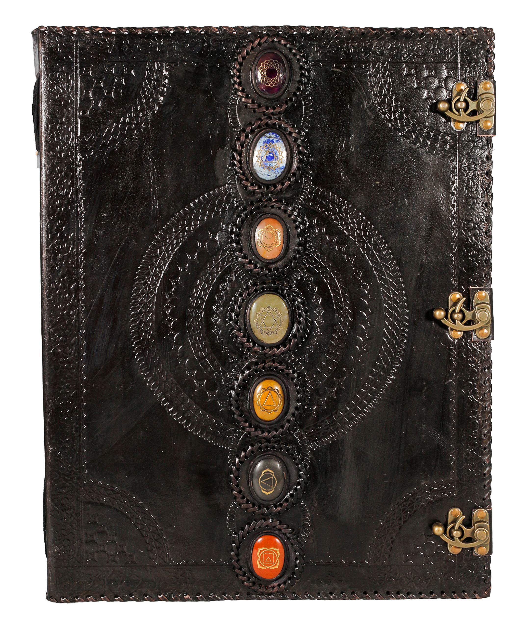 Handmade Leather Journal with Real Stone Seven Chakra Embossing - Medieval Style Book of Shadows, Notebook for Office, College, Poetry & Sketching - Grimoire Diary (Black, 13x18 inch) - Perfect for Wiccan Rituals, Journaling & Gift Giving
