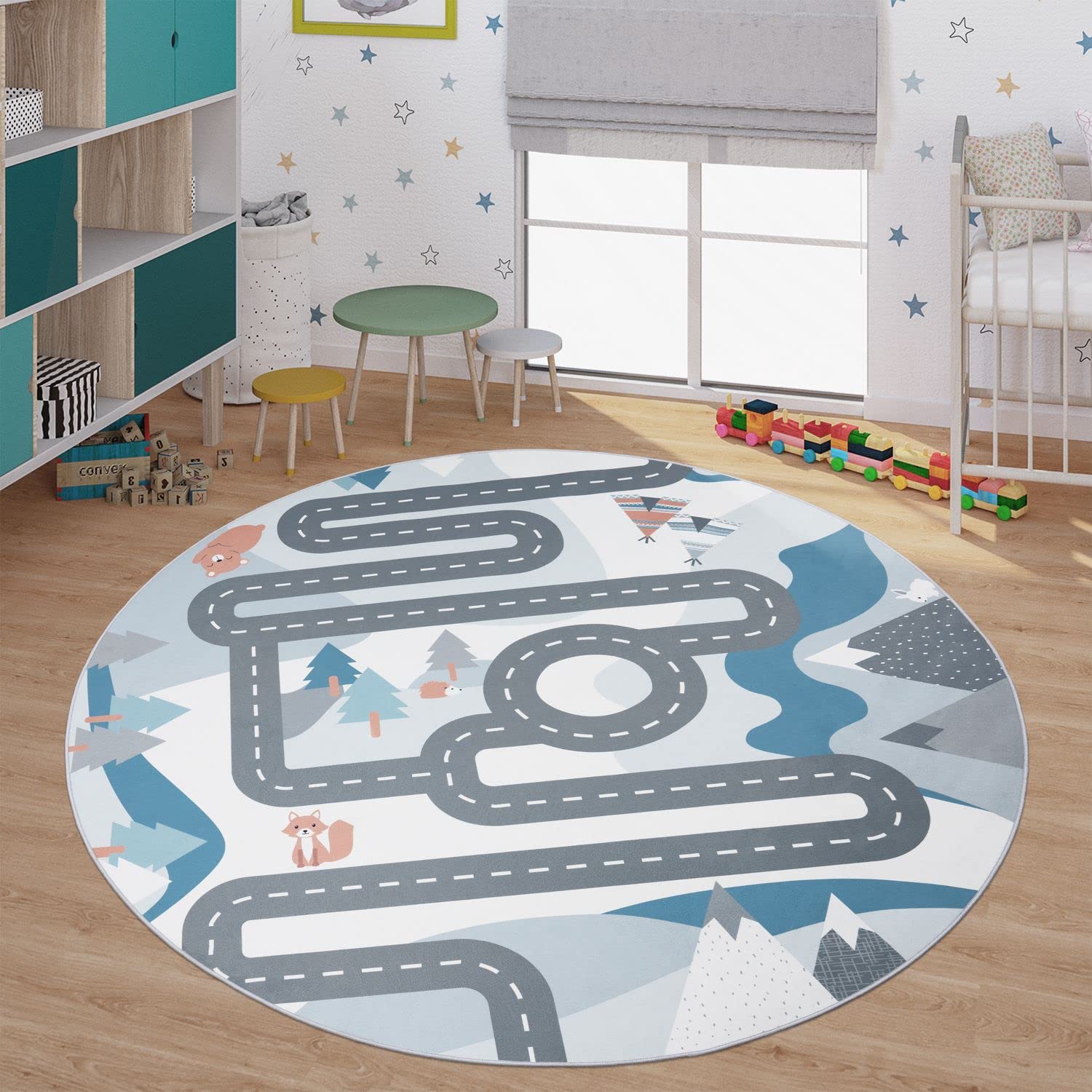 Paco Home Kids Rug Play Mat - Blue Cream Mountain Road with Bears & Trees Design - 5'3