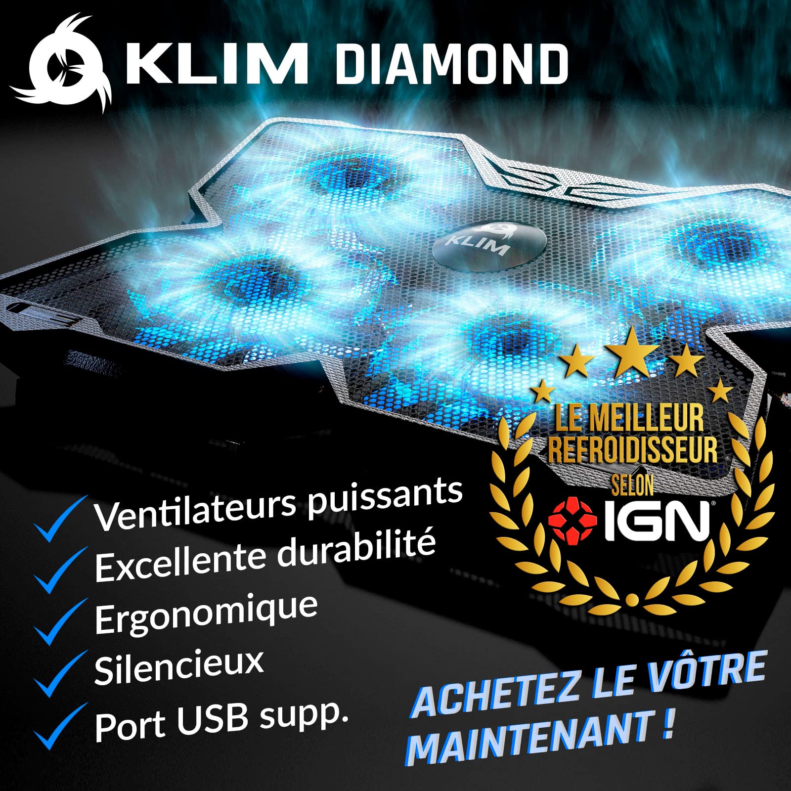 KLIM Diamond Laptop Cooler 2024 - 4 Silent Fans, Most Powerful Cooling for PS5, PS4, Xbox & Laptops - Ideal for Gaming, Work & Home Office